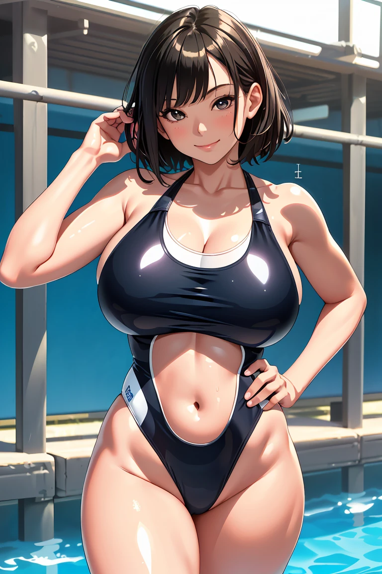 high resolution、Ultra HD、Best Quality、Top quality、Extremely detailed image quality、Realistic woman、A big smile、(1girl:1.8)、(looking straight:1.8), Japanese、Peaceful face、45-year-old woman、Married Woman、curvy body、belly button、short black Hair、Shiny skin、Skin that is very shiny after applying oil、High gloss skin、Facing forward、The whole body is reflected、(schoolyard:1.6)、raise one hand、Woman wearing(The description of Competition swimwear:1.5), (One piece swimsuit:1.6), (High leg swimsuit:1.2), High leg panties, (Bursting huge breasts、Valley、Shiny skin、radiant skin、Glowing Skin、High gloss skin:1.4)、