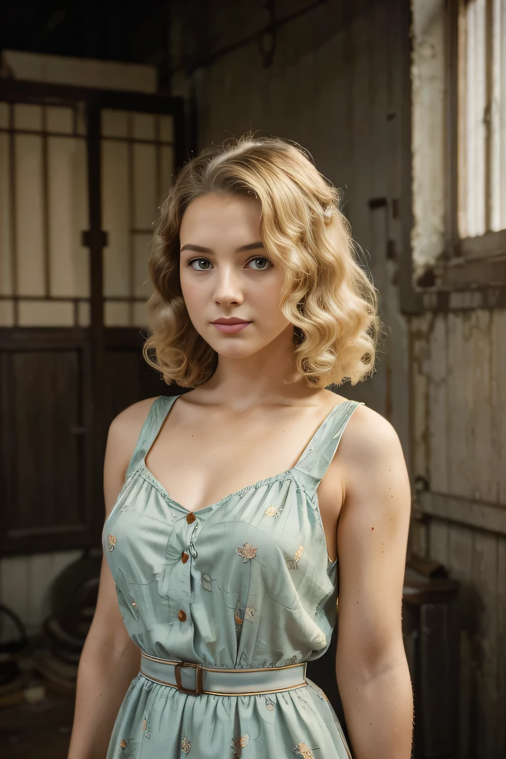 Masterpiece Photograph, ((Retro Vintage)), photograph, ((In the 1940s)), In 1940, 20-year-old female, vintage dress, Wavy Hair, High resolution, Color images, short hair, old buildings, blonde