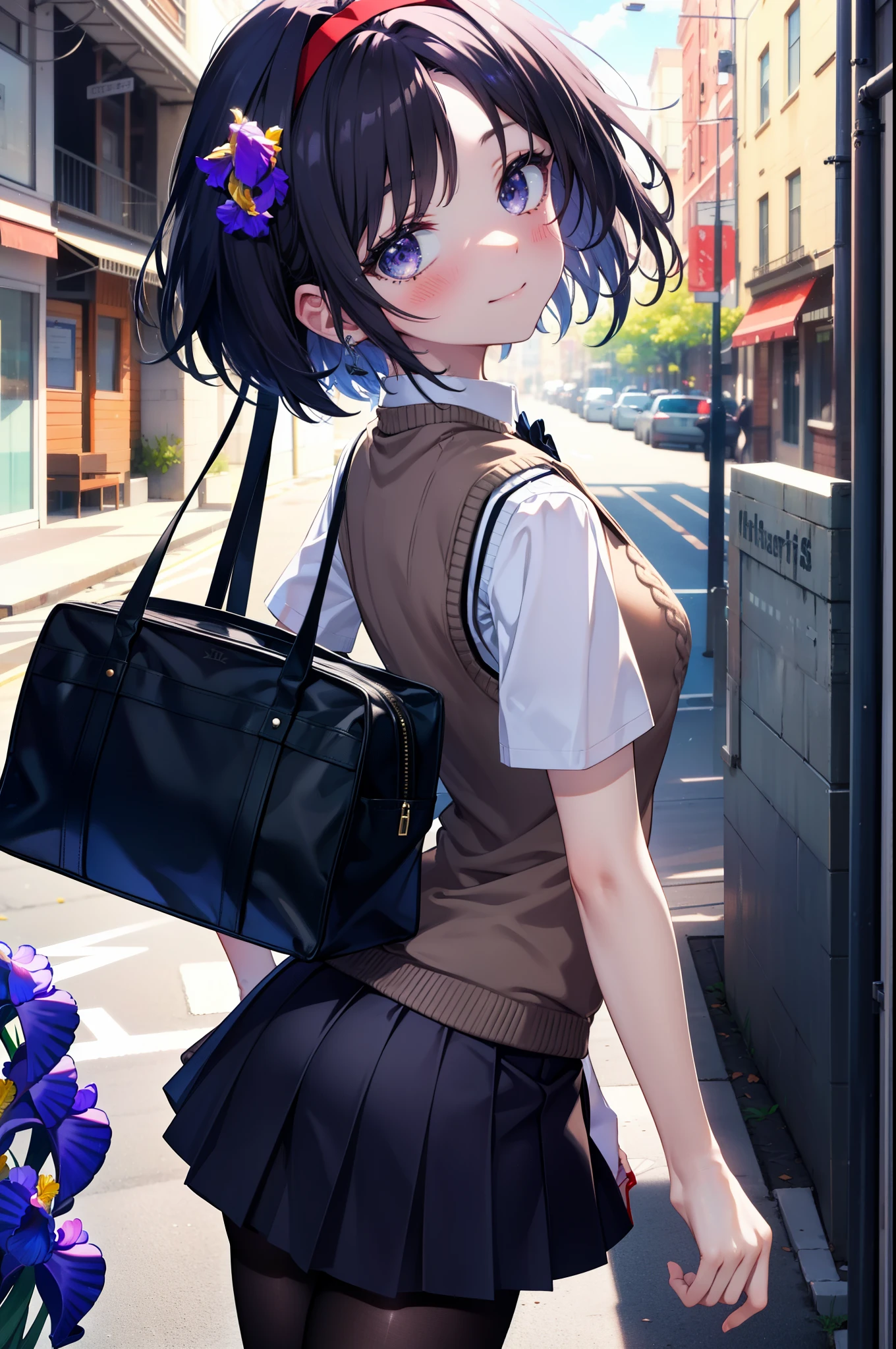 yuukikonno, Yuki Konno,Black Hair,short hair,Bob Hair ,Ahoge,Green headband,(iris:1.5), (Small breasts:1.2), smile,break skirt, shirt, bow, ribbon, , white shirt, Short sleeve, Pleated skirt, collared shirt, mini skirt, bowtie, 茶色のloafers , Black Skirt, Black Pantyhose, loafers, black bow, Sweater vest, (back Sweater vest:1.5),whole bodyがイラストに入るように,walk,
break outdoors, city,construction area,
break looking at viewer, whole body,
break (masterpiece:1.2), highest quality, High resolution, unity 8k wallpaper, (shape:0.8), (Beautiful details:1.6), Highly detailed face, Perfect lighting, Extremely detailed CG, (Perfect hands, Perfect Anatomy),