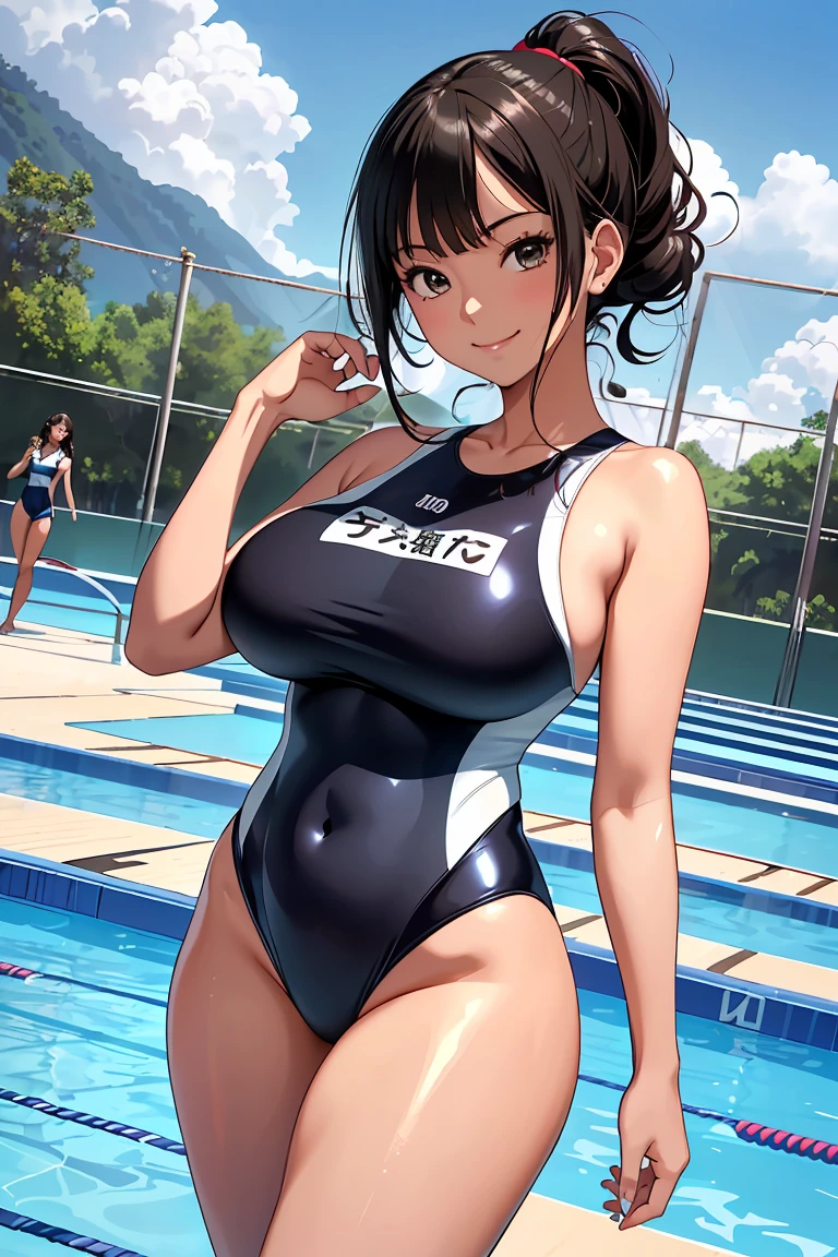 high resolution、Ultra HD、Best Quality、Top quality、Extremely detailed image quality、Realistic woman、A big smile、(1girl:1.8)、(looking straight:1.8), Japanese、Peaceful face、45-year-old woman、Married Woman、curvy body、belly button、short black Hair、Shiny skin、Skin that is very shiny after applying oil、High gloss skin、Facing forward、The whole body is reflected、(schoolyard:1.6)、raise one hand、Woman wearing(The description of Competition swimwear:1.5), (One piece swimsuit:1.6), (High leg swimsuit:1.2), High leg panties, (Bursting huge breasts、Valley、Shiny skin、radiant skin、Glowing Skin、High gloss skin:1.4)、
