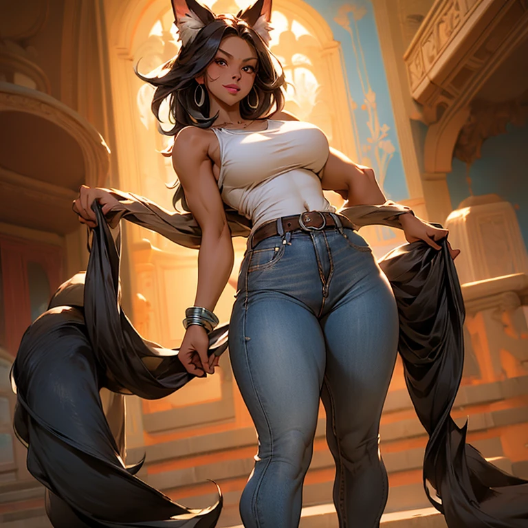 A woman in a tank top and full-zip shorts making salsa sauce at a taco stand　Jeans have belts　Belly button piercing　　There are side slits　Big butt　Detail the buttocks　Detailing the groin area　Up to the thighs　High leg　Swirl Eyes　Bow-legged