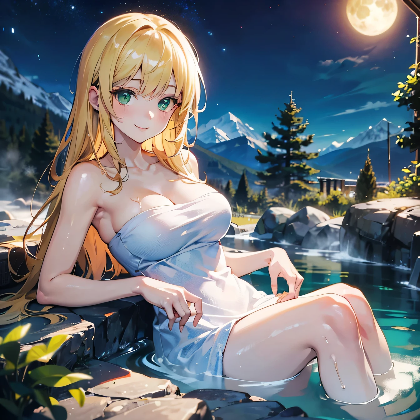 Anime Moe Art Style,highest quality,High resolution,Anatomically correct,One Woman,Twenty years old,Blonde,Super long hair,Hair in close-up,Green Eyes,Super detailed,Fantasy Style,Medium sized breasts,smile,night,In the mountains,Taking a bath in a hot spring,Wrapped in a bath towel,8K