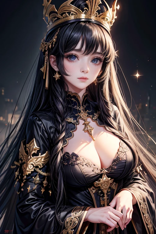 (best quality,8K,CG),detailed upper body,black castle, blur background,complex facial features,elegant long curly hair,almond-shaped black eyes,detailed eye makeup,long eyelashes,twinkling stars,exquisite lip details,soft and harmonious style.