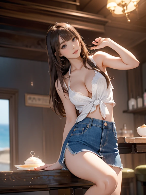 ((Extremely exposed))(High-definition image quality)極Realistic skin texture、High definition face(brown、Very long straight hair、Hair behind the ear、Beautiful moist brown hair、Smooth Hair)((Bright smile))、Gaze(sexyな25歳の女の子、Idol Makeup、Eyeliner)(Fair skin)(Sparkling eyes)Smooth Skin、Realistic skin texture ((Oversized T-shirt、Short length、Cleavage) ((Extremely short denim miniskirt、damage、Super tight、small、Ultra low rise))))Beautiful armpits、On the position of the chest、Round big breasts、Beautiful valley、Ultra-thin waist、Waistline、Long legs、Glitter High Heels((((Seaside cafe during the day))))(((((Medium full shot from below、sexy))))))Erotic and bold poses、squat