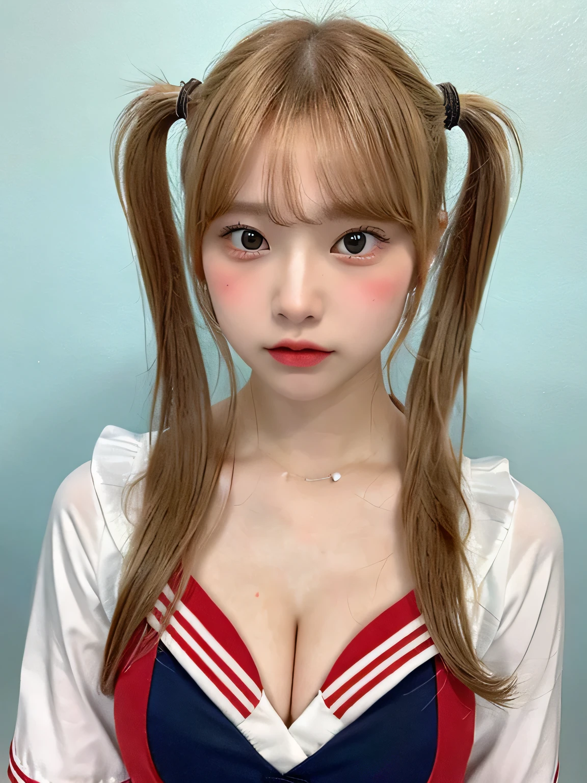 one person、whole body photos、high school girl、Blonde、Red sailor suit、Cleavage、Green mini skirt、fun、Blonde、、whole body、slender、woman、White drool coming out of the mouth、Twin tails、 Fair skin,Super cute、Soft and Face、Brown Hair、8K resolution、Surreal、Ultra high definition、 Soft Body、A-cup small breasts((Highest resolution、8k、masterpiece:1.3))、Ultra-fine face、Ultra Fine Lips、Beautiful Eyes、double eyelid,Slender figure、I can see your thighs、Shapely small breasts、Light blue wall