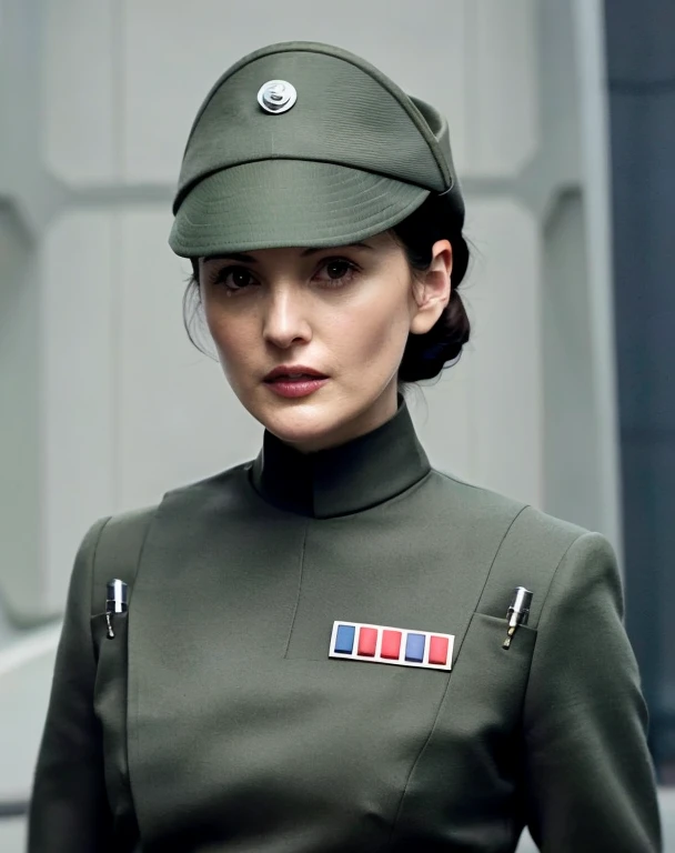 fashion photography of Michelle Dockery in olive gray imperialofficer uniform and hat, black hair in small tight bun, smooth pale white skin, grinning evil nasty wicked smile, sci-fi Death Star control room, sharp focus, dlsr, ultra sharp, professional Photographer, film grain, very detailed skin texture, photorealistic, no makeup