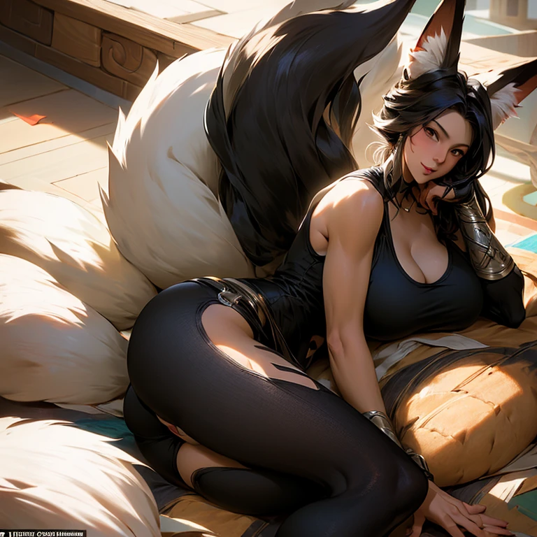 A woman with fox ears and a fox tail wearing a tank top and tight spats eating tacos at a taco shop　The cola is on the table　Large Breasts　Big Ass　tall