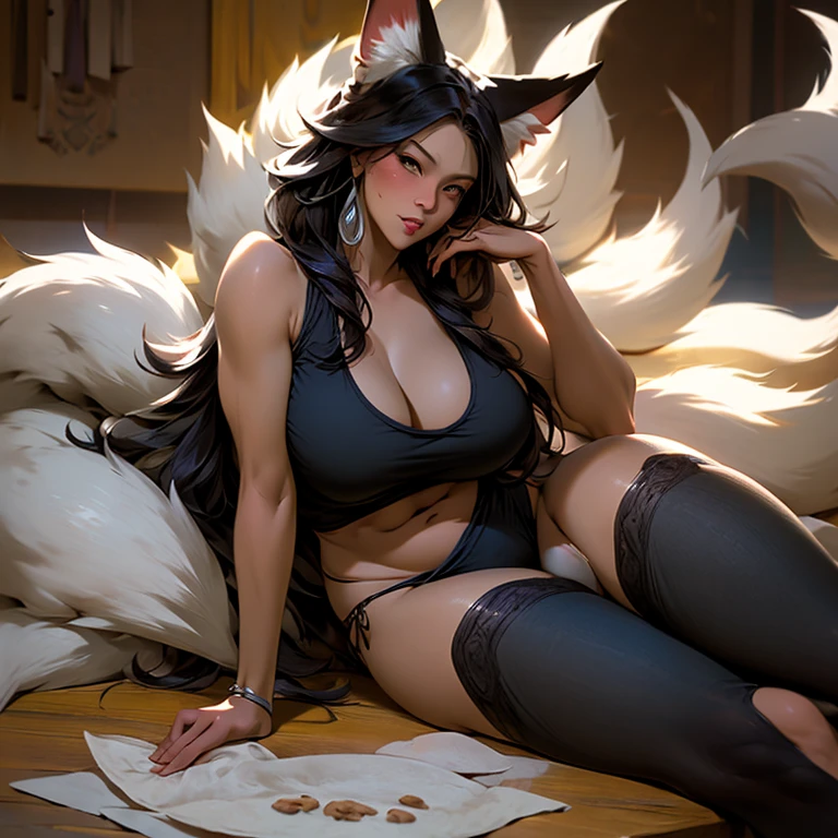 A woman with fox ears and a fox tail wearing a tank top and tight spats eating tacos at a taco shop　The cola is on the table　Large 　Big Ass　tal
