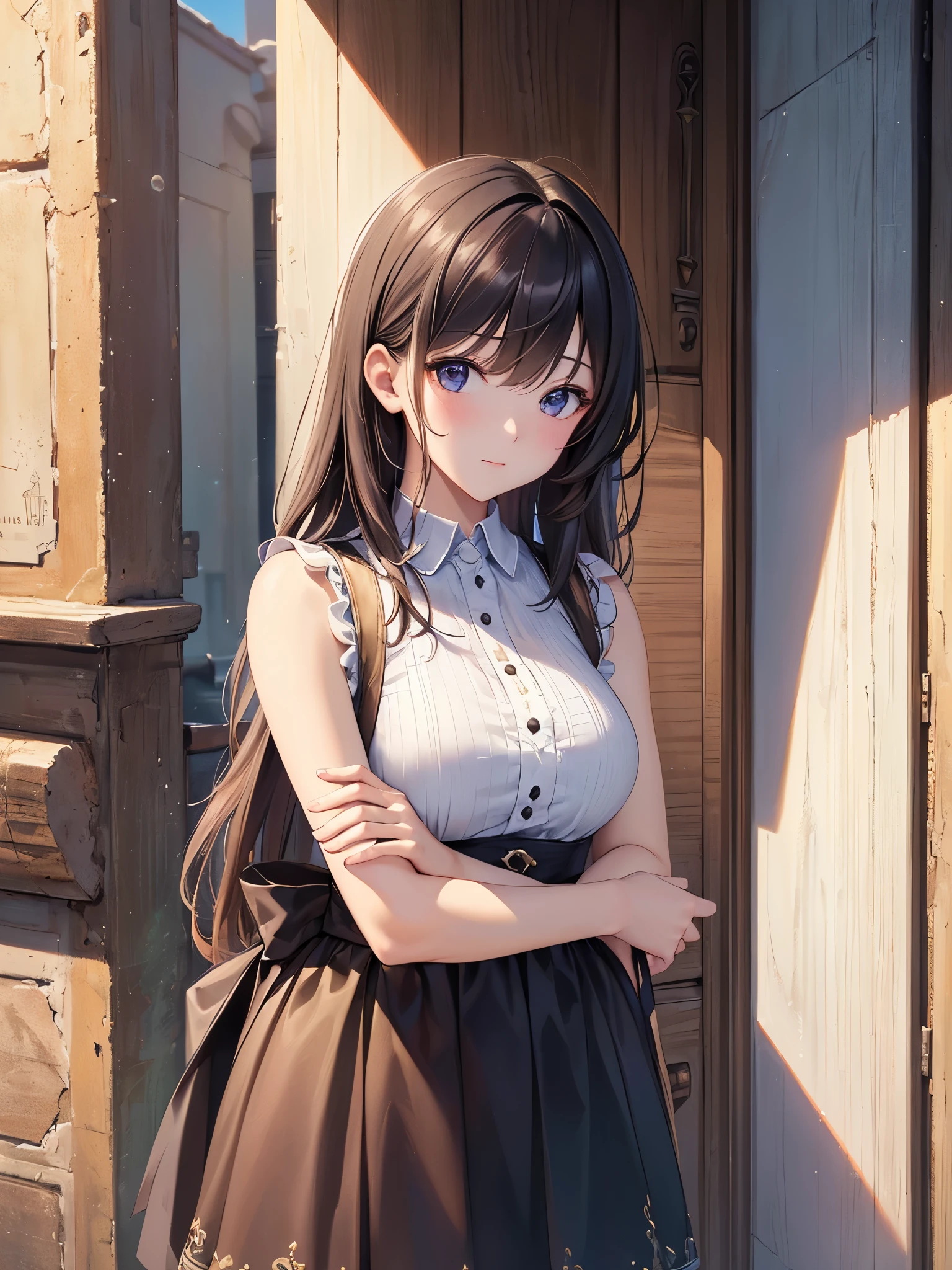 ((highest quality)),(Ultra-high resolution),(Super detailed new),(Detailed Description),((The best CG)),(A masterpiece),Ultra-detailed art,A wonderful new art form,(Art with precise detail:1.5), Wait, Early summer street corner:1.3, (Woman in sleeveless shirt