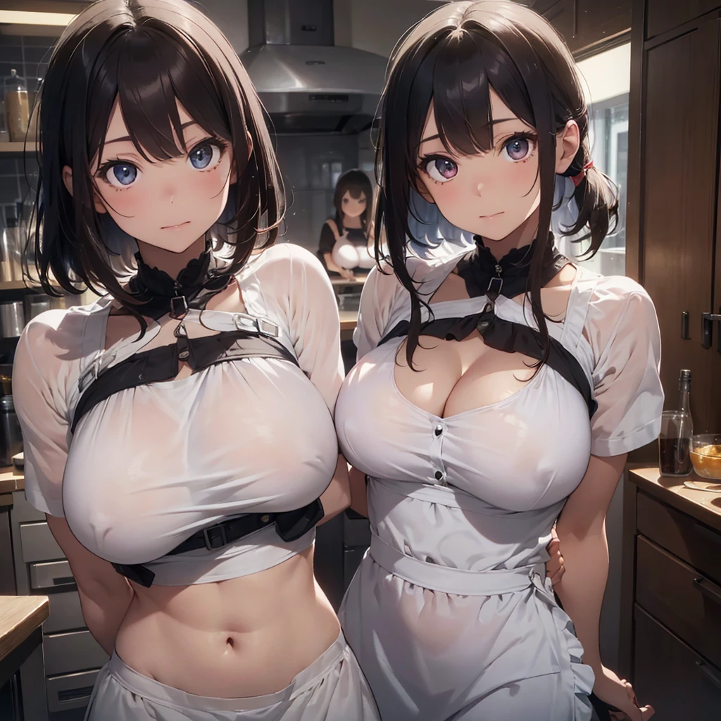 ((ultra-quality)), (in 8K), 2women(different hair style), (different eye color), ultla highres, Hyper Detailed, High contrast, Ultrafine Strike, creative refinement, absurdres, Realistic, extremely detailed CG unified 8k wallpaper, Highly detailed, High-definition raw color photos, professional photograpy, Realistic portrait, Cinematic Light, Beautiful detailed, 27 years old woman, ((Best quality, 8k, Masterpiece: 1.3)), Slim abdomen, ((Layered haircut, Large breasts: 1.2)), (no bra), (Sheer nipples:1.1), (Sheer areola:1.1), (breasts are covered with backless apron:1.2), (smooth stomach), , Highly detailed face and skin texture, (realistic skin:1.5), (shiny skin), (oily skin), (Best Quality:1.4), Super Detail, High quality, master piece, lifelike, Perfect face, Silly, (arms behind back:1.5), (Sharp Focus), (upper body), (close up), Delicate Beautiful Hair and Eyes and Face, Delicate eyes, radiant eyes, Lifelike, Hyper-detailing, (colossal breasts:1.6), (Big breasts:1.5), (Beautiful breasts:1.3), (arms behind back), (arms are down), Beautiful cute woman, camel-toe details, SFW, slim body, in the kitchen