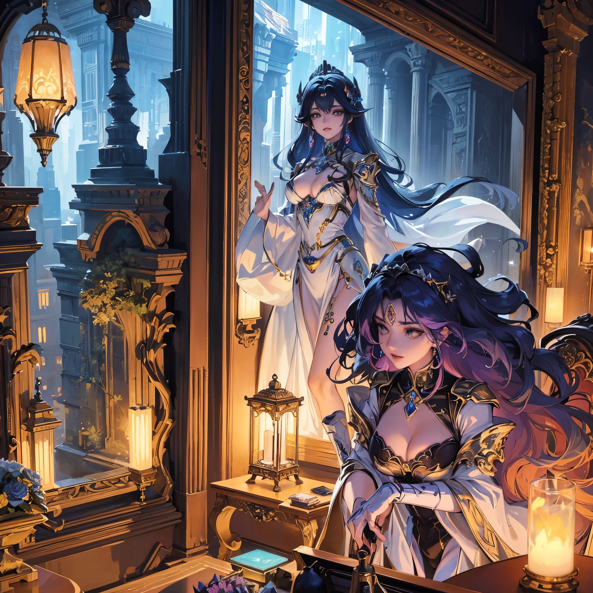 Two women, embodying the enigmatic allure of Lady Mechanika and the regal elegance of the Aztec Empress, stand amidst a room bathed in the ethereal glow of a twilight hue. Their bodies, adorned with intricate blue body paint and cyberpunk ornaments, glisten under the soft, dim light, hinting at a tale of mechanical ingenuity and ancient mythology. The scene unfolds like a cinematic masterpiece, with prominent static frames reminiscent of Prometheus, capturing the women's silhouettes against a distant balcony, where solarpunk gardens cascade downwards, merging the futuristic