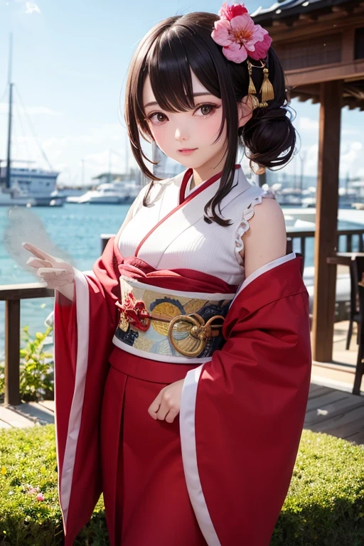 Arab Asian woman in red and white kimono, Anime Girl Cosplay, Anime Cosplay, in kimono, Japanese Goddess, Japanese Kimono, red kimono, Real life anime girls, Japanese style, Hanfu, In kimono, white Hanfu, palace , a girl in Hanfu, Traditional Japanese, red kimono with floral print, kimono