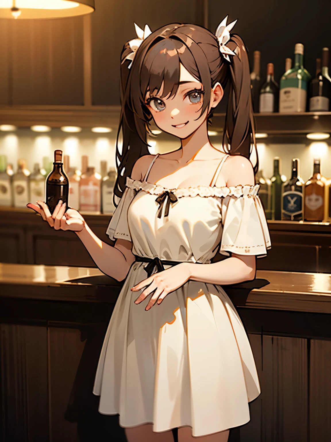 (masterpiece, best quality, ultra detailed:1.3), (beautiful detailed eyes:1.2), perfect lighting, 
(1 beautiful cute girl:1.3), 
smile, brown hair, twintails, flower ribbons
BREAK wearing off-shoulder dress
BREAK (indoor, bar:1.3), cowboy shot,

 
