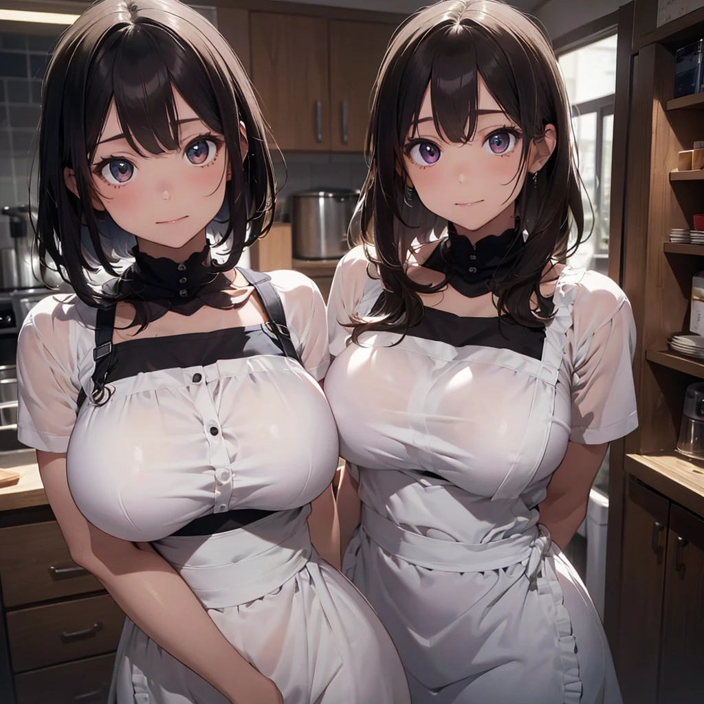 ((ultra-quality)), (in 8K), 2women(different hair style), (different eye color), ultla highres, Hyper Detailed, High contrast, Ultrafine Strike, creative refinement, absurdres, Realistic, extremely detailed CG unified 8k wallpaper, Highly detailed, High-definition raw color photos, professional photograpy, Realistic portrait, Cinematic Light, Beautiful detailed, 27 years old woman, ((Best quality, 8k, Masterpiece: 1.3)), Slim abdomen, ((Layered haircut, Large breasts: 1.2)), (no bra), (Sheer nipples:1.1), (Sheer areola:1.1), (breasts are covered with backless apron:1.2), (smooth stomach), , Highly detailed face and skin texture, (realistic skin:1.5), (shiny skin), (oily skin), (Best Quality:1.4), Super Detail, High quality, master piece, lifelike, Perfect face, Silly, (arms behind back:1.5), (Sharp Focus), (upper body), (close up), Delicate Beautiful Hair and Eyes and Face, Delicate eyes, radiant eyes, Lifelike, Hyper-detailing, (colossal breasts:1.6), (Big breasts:1.5), (Beautiful breasts:1.3), (arms behind back), (arms are down), Beautiful cute woman, camel-toe details, SFW, slim body, in the kitchen