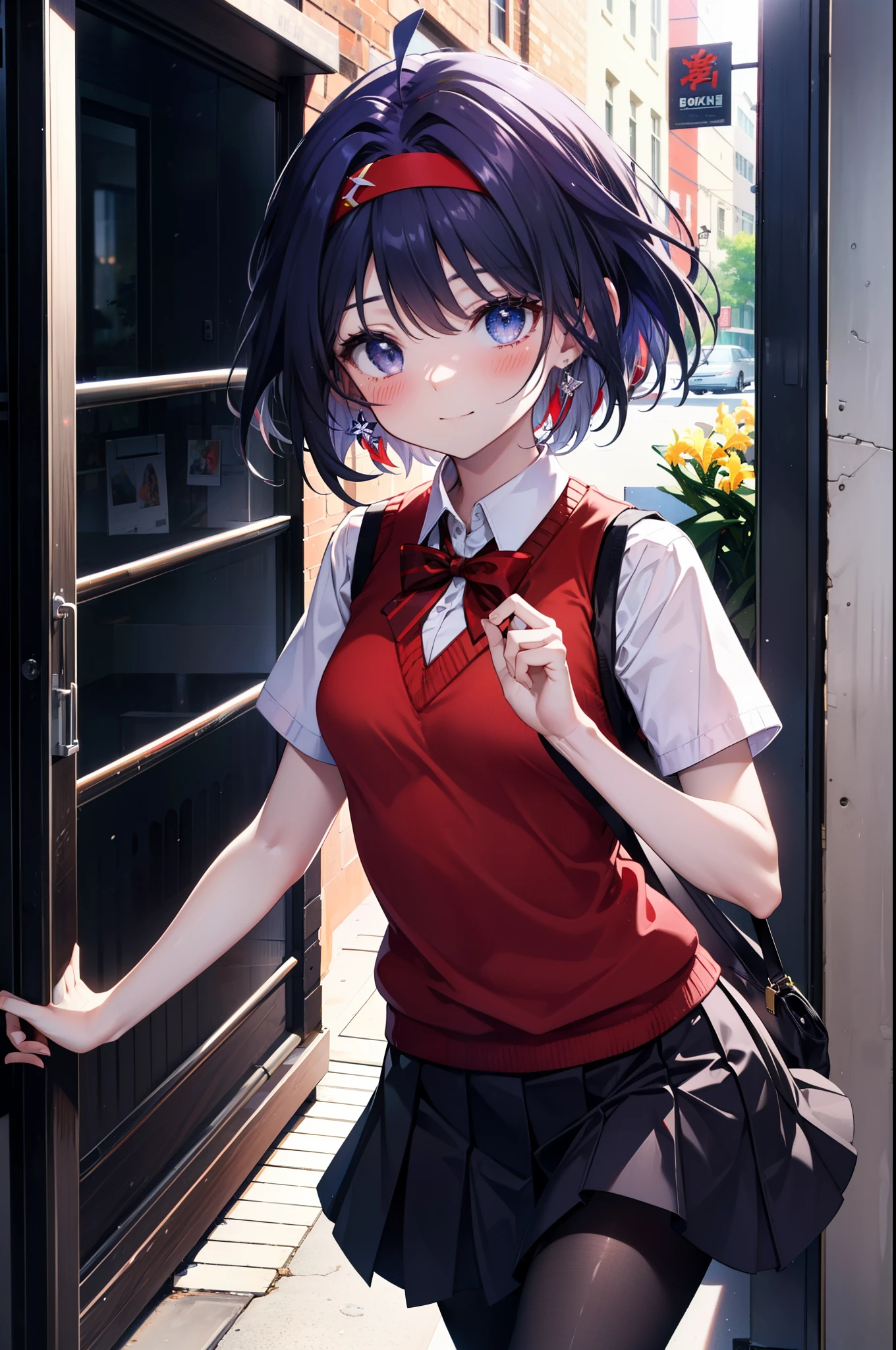 yuukikonno, Yuki Konno,Black Hair,short hair,Bob Hair ,Ahoge,Green Headband,(Iris:1.5), (Small breasts:1.2), smile,break skirt, shirt, bow, ribbon, , white shirt, Short sleeve, Pleated skirt, collared shirt, mini skirt, bowtie, 茶色のloafers , Black Skirt, Black pantyhose, loafers, black bow, Sweater vest, (red Sweater vest:1.5),whole bodyがイラストに入るように,Walking,
break indoors, In town,Building district,
break looking at viewer, whole body,
break (masterpiece:1.2), highest quality, High resolution, unity 8k wallpaper, (shape:0.8), (Beautiful details:1.6), Highly detailed face, Perfect lighting, Highly detailed CG, (Perfect hands, Perfect Anatomy),