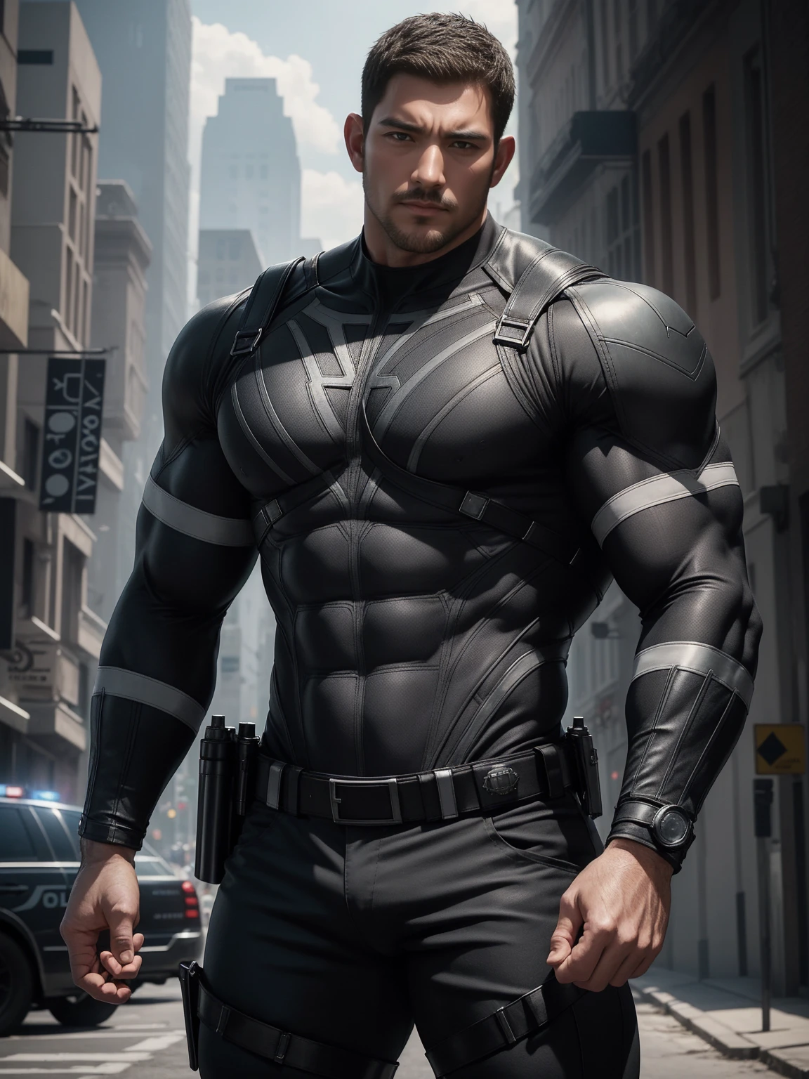 One Tall giant muscular police officer, Buzz Cut,On the old-style outdoor streets, Wear long-sleeved grey-brown superhero Black Panther bodysuit, White denim fabric texture,The expression is arrogant, Lift your chin, Messy hair, Thick thighs, High Neck Long Sleeve Gray Brown Superhero Bodysuit, very tight, Regular symmetrical pattern, Highlight muscles, Police uniform pants, character concept(Resident Evil - Chris Redfield, Chris Redfield)A proud expression, Deep and charming eyes, Heroic male pose, tall Burly, muscular!muscular thighs, tough guy, perfect facial features, High, Burly, Heqiang, Super polished and cool, High Resolution Committee, Charismatic, The sun is blazing, dazzling