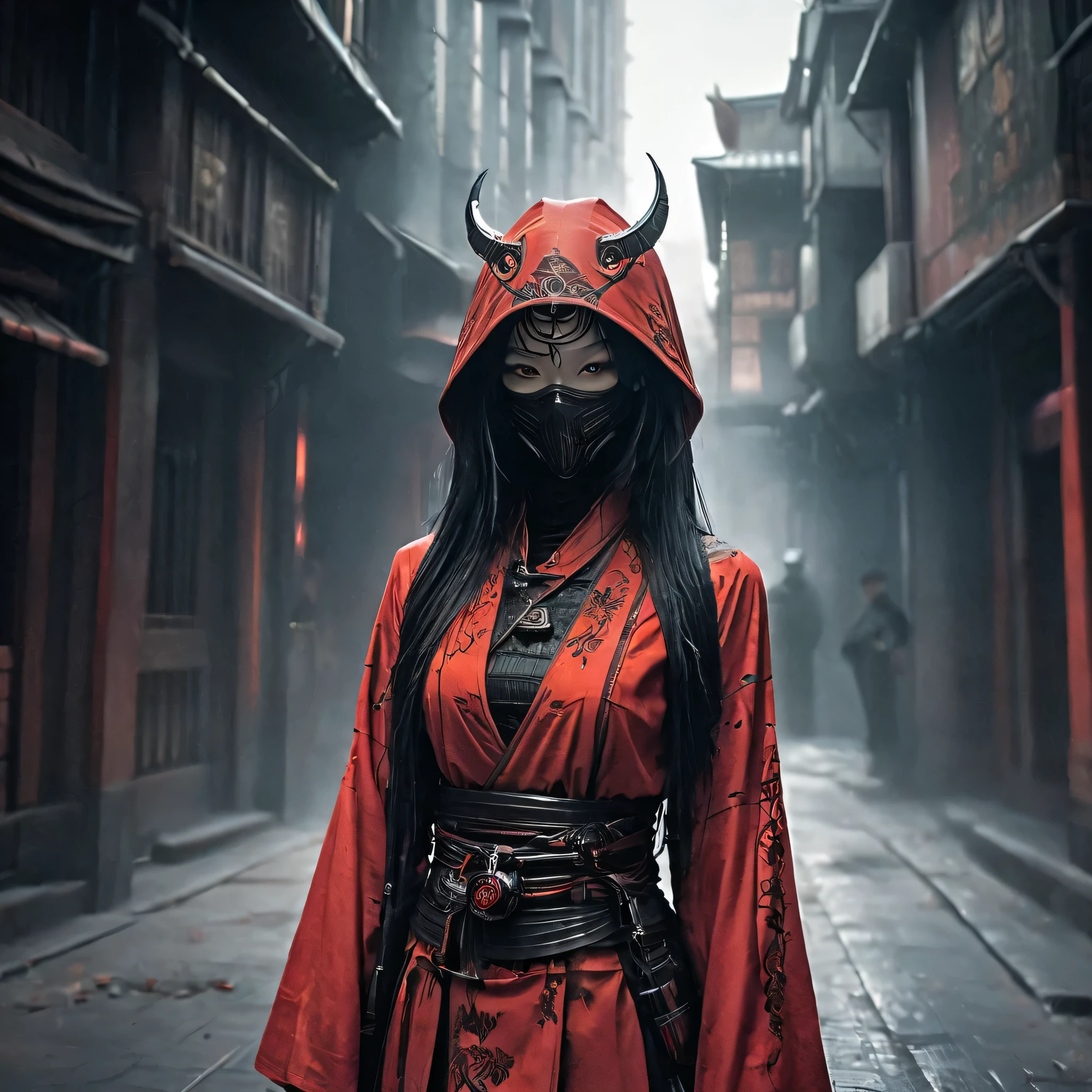 Arafed image of a person wearing scarlet clothing and a mask, Very beautiful cyberpunk samurai, gothic - cyberpunk, Orthodox cyberpunk, Rococo Cyberpunk, ornamental gothic - cyberpunk, Gorgeous cosplay, occult cyberpunk, Mysterious Post-Apocalyptic Cyborg, Steampunk Angel, Ultra-detailed fantasy characters, Steampunk aesthetics, Steampunk fantasy style, japanese gothic, Hypergoth, Beautiful female Grim Reaper