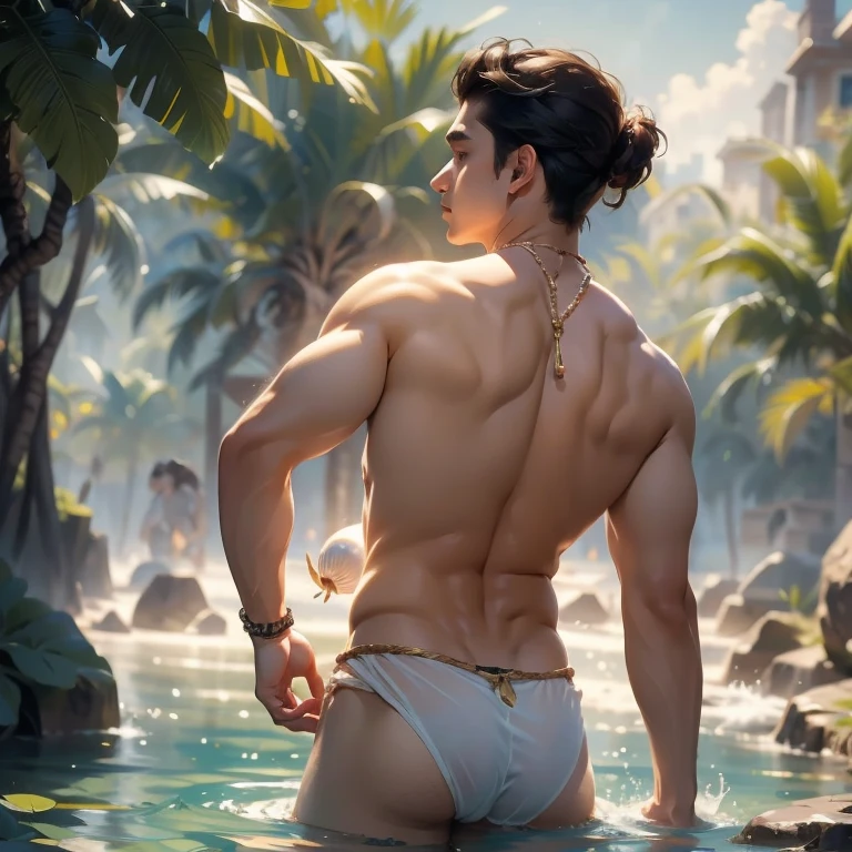 Masterpiece, oil painting, in the style of Caravaggio, ((young guy)) a pearl diver, swims to a pearl in a shell, wearing only a short loincloth, a thin rope between his buttocks, Hispanic youth, Back view