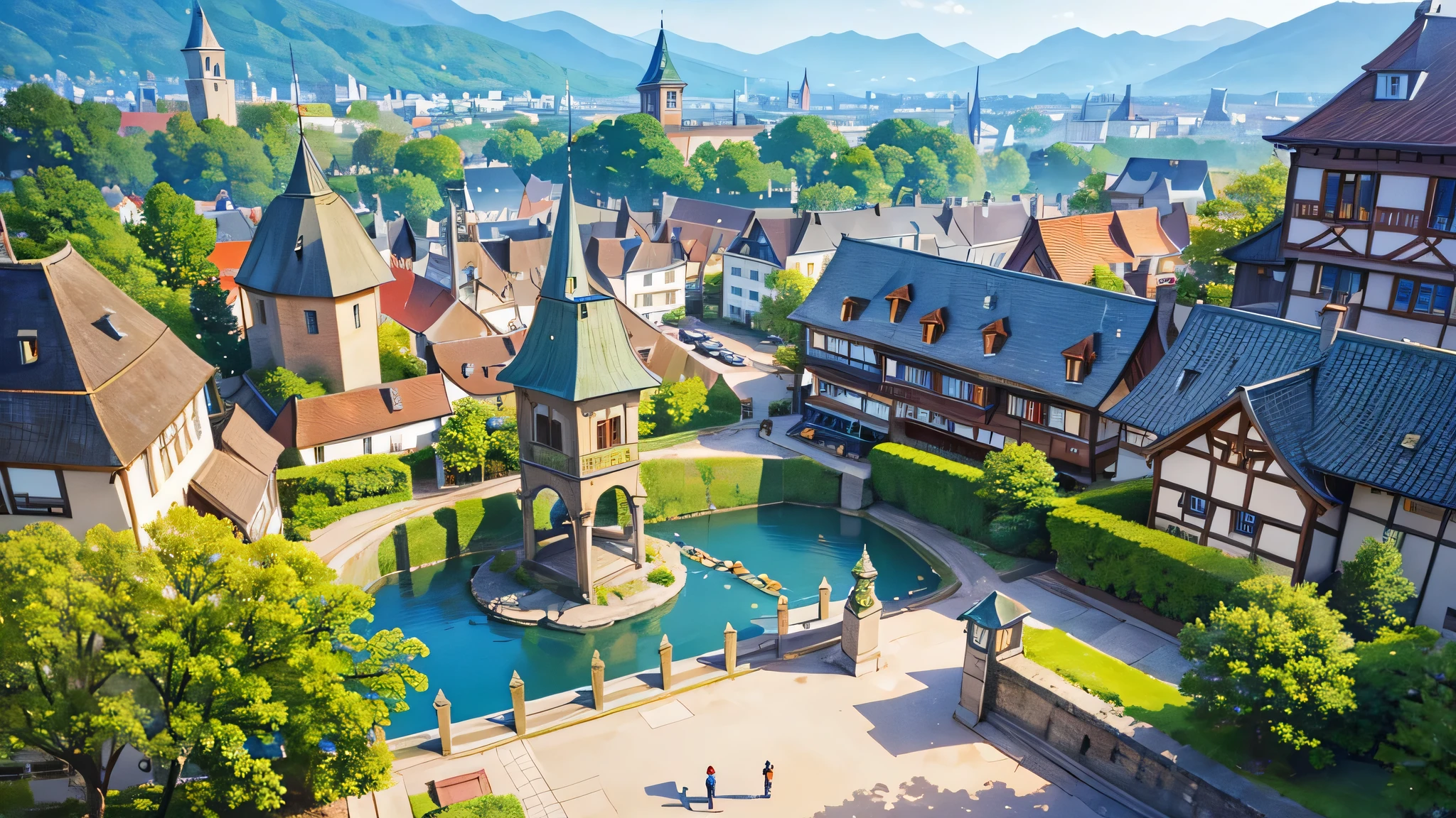 Create an enchanting illustration inspired by Genshin Impact, set in the city of Mondstadt. The scene should capture the lively and welcoming atmosphere of Mondstadt, known for its medieval European-inspired architecture, windmills, and vibrant marketplace. Include iconic elements such as the towering Mondstadt Cathedral, the bustling central plaza with its fountain, and the lush green landscape surrounding the city. Populate the scene with characters from Genshin Impact, engaging in various activities like exploring the streets, interacting with vendors, or enjoying the scenic views. The overall atmosphere should evoke a sense of adventure and warmth, highlighting the charming and spirited essence of Mondstadt within the Genshin Impact universe.