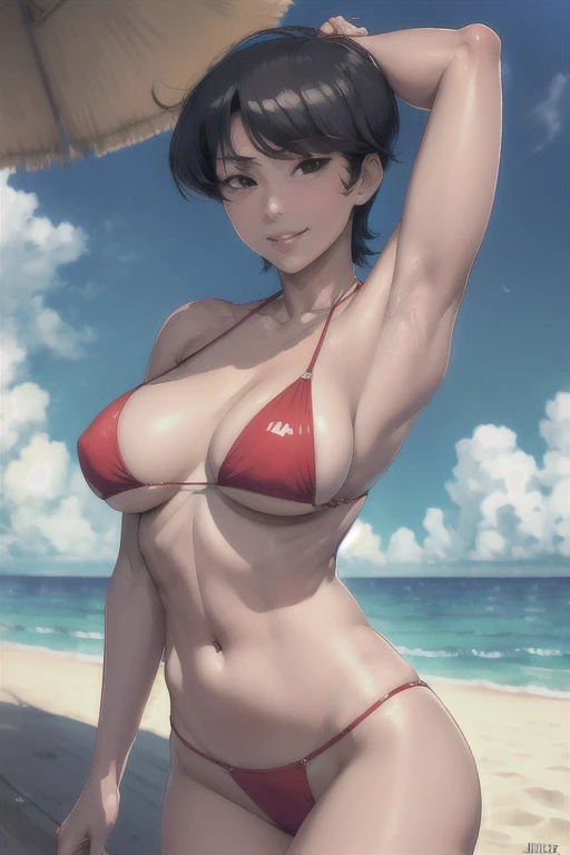 masterpiece, best quality, sakaki ryouko, wearing bikini, large breasts, beach,seductive smile, looking at viewer, wearing hat, put your hands behind your head, armpits, armpits visible, sweaty armpits