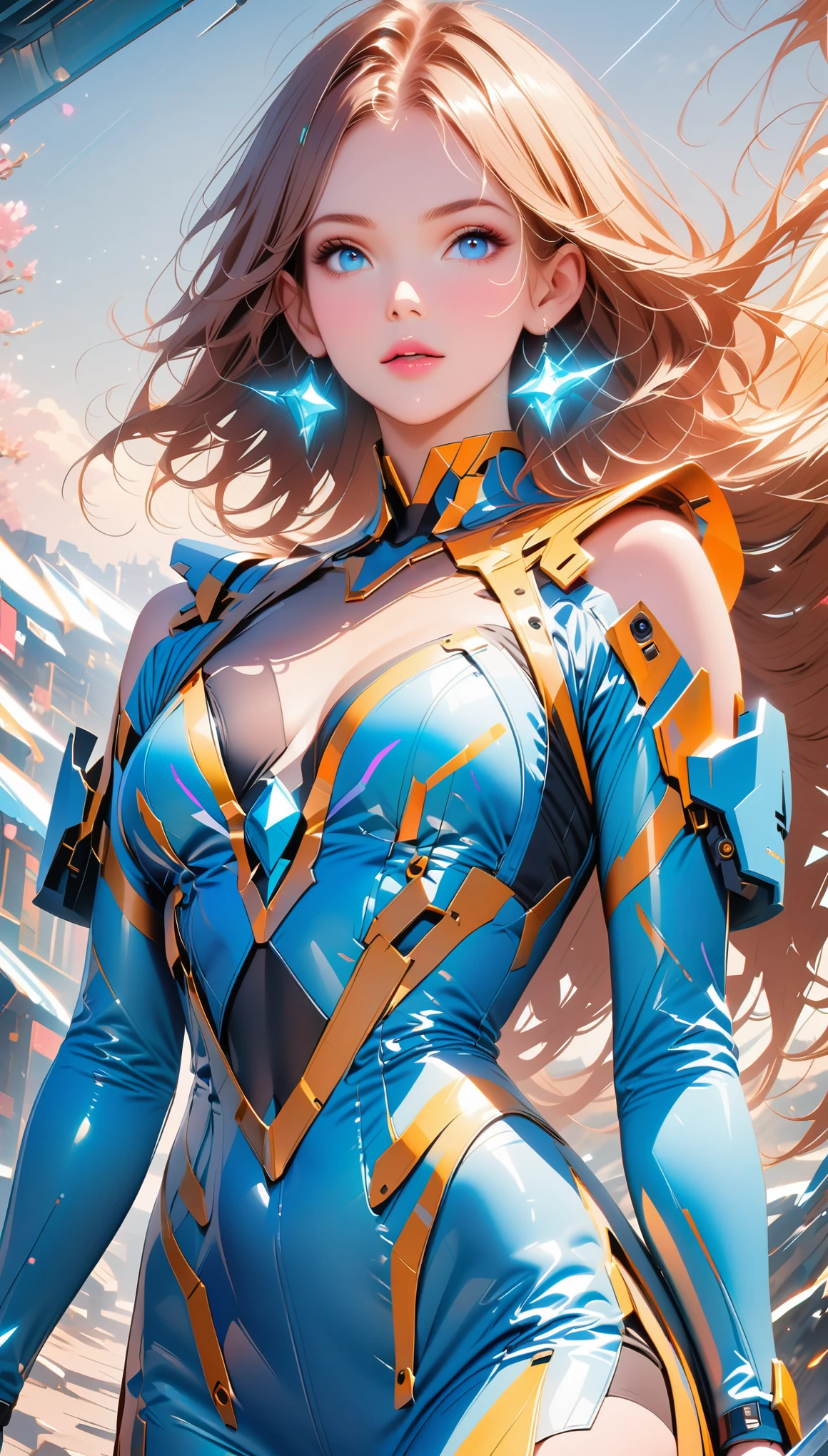 Best picture quality, high resolution, 8k, realistic, sharp focus, realistic image of elegant lady, beauty, supermodel, long hair, beautiful eyes, wearing high-tech cyberpunk style blue suit, radiant Glow, sparkling suit, mecha, perfectly customized high-tech suit, ice theme, custom design, 1 girl,swordup, looking at viewer,,light
