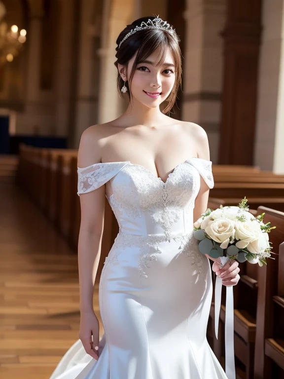 (Best quality: 1.5), (Realistic: 1.5), (1 person: 1.5), (Medium Shot: 1.5), Very detailed, high resolution, 8k, medium breasts, natural color lips, cute smile, Japanese woman, 20-year-old girl, beautiful and elegant face, perfect and beautiful face, big eyes with good left and right balance, brunette eyes, beautiful and elegant face, beautiful double eyelids, natural bangs, beautiful thin nose, Beautiful skin, fair skin, (medium bob hair), natural bangs, perfect and beautiful face, slim face and figure, (looking at the camera with a sweet smile), bright lighting, professional lighting, forward lighting, princess line wedding dress, Wearing the finest tiara (wearing a pure white off-shoulder mermaid line wedding dress), a church with beautiful stained glass, holding a bouquet,