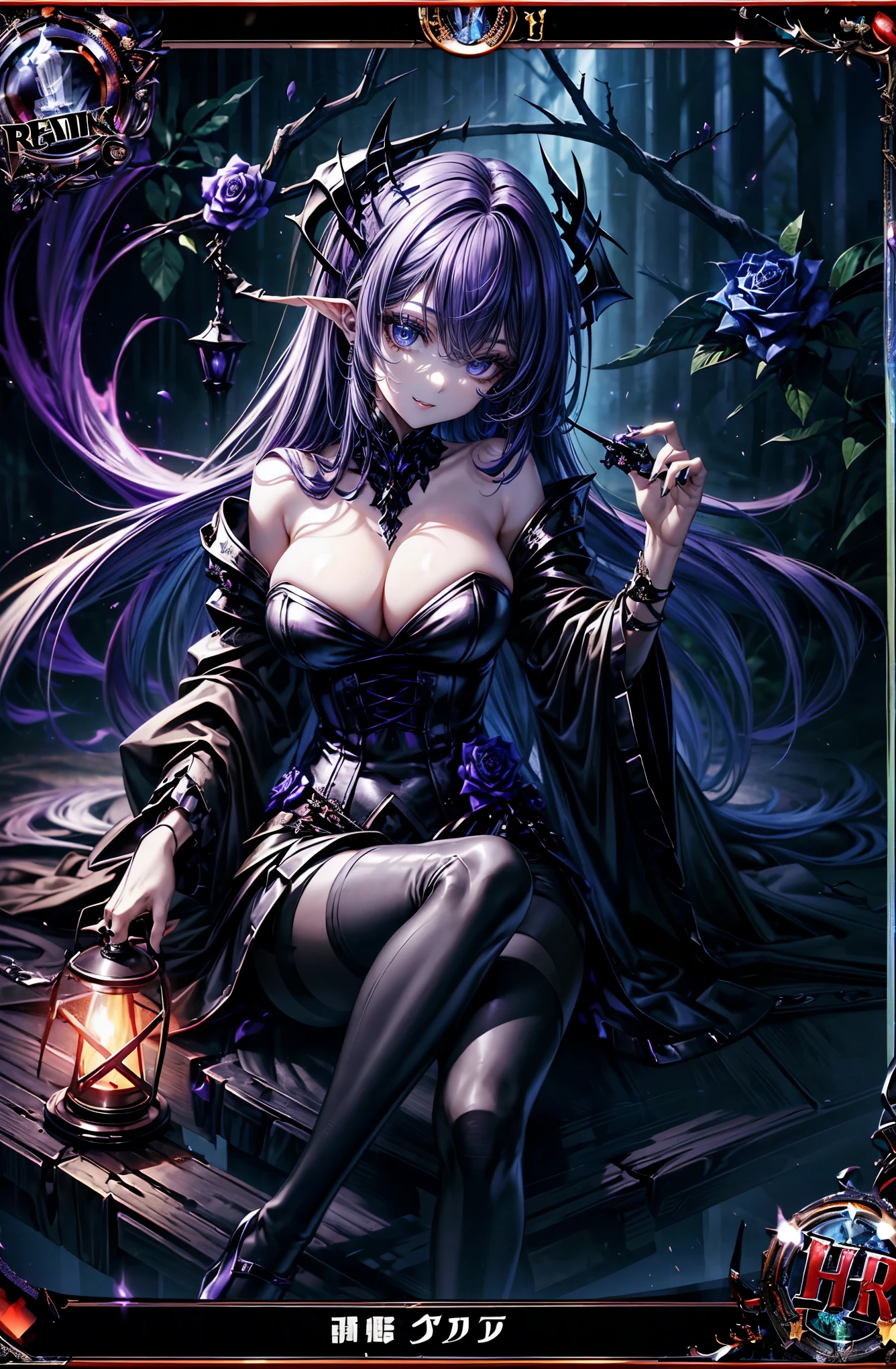 Hyper Quality、8K quality、High resolution、Image quality captured with a single-lens reflex camera、(software)、Perfect Anatomy(Black Purple Hair、Shoulder-length hair、Beautiful, clear skin tone:1.2)29-year-old beauty witch.Slit eyes、Very mature appearance、Red and brown eyes(Seductive expression、Smile eerily:1.4)(Well shaped and huge breasts)
BREAK
(Fantasy、Western style、In front of the forest)(Forest of Darkness🌳:1.5)
(Sexy witch costume with black roses and thorns、Fighter style thin black tights、Rose and thorn accents:1.3)(Uplifting:1.3)
(Tree branches and thorn chain:1.5)(A huge, spooky chair made of wood and roses)
Look to the side(Perfect Anatomy:1.4)break(Magic field deployment)BREAK.(Trading card special rarity design frame:1.5)
