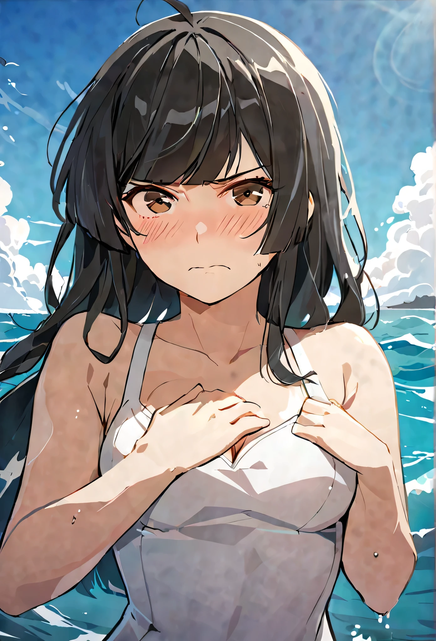 masterpiece,best quality, solo, eda, bangs, black hair, blue sky,cloud, shy expression, blushing expression, embarrassed expression, medium breast, hot, thicc, ocean, water, she is grabing her chest, she was concerned ,she is hiding her chest from others, she is embarassed , she has a medium chest, she is wearing a white swimsuit, serius look, she is wearing swimsuit, she is looking at you, she has serius look on the viewer, closed mouth, she is mild angry at you, sando, cleavage, upper body