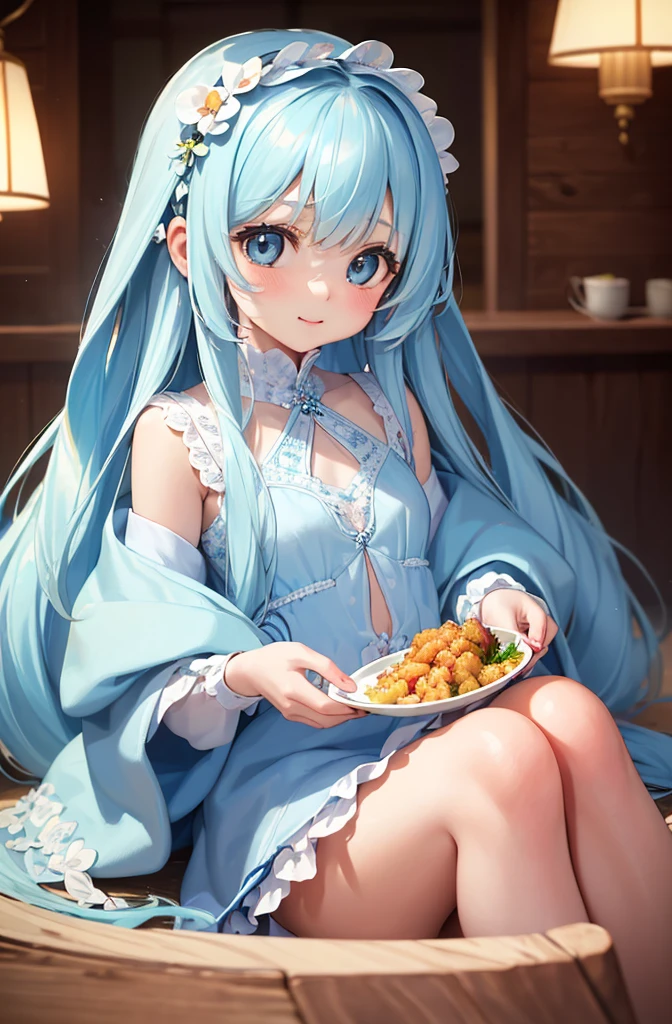 masterpiece, best quality, extremely detailed, (illustration, official art:1.1), 1 girl ,(((( light blue long hair)))), ,(((( light blue long hair)))),light blue hair, ,10 years old, long hair ((blush)) , cute face, big eyes, masterpiece, best quality,(((((a very delicate and beautiful girl))))),Amazing,beautiful detailed eyes,blunt bangs((((little delicate girl)))),tareme(true beautiful:1.2), sense of depth,dynamic angle,,,, affectionate smile, (true beautiful:1.2),,(flat chest)),Luxurious golden most expensiveSushi food with rice and sauce, with fried rice and shrimps, and wine, photographic pic, high quality、Eating Shrimp tempura
