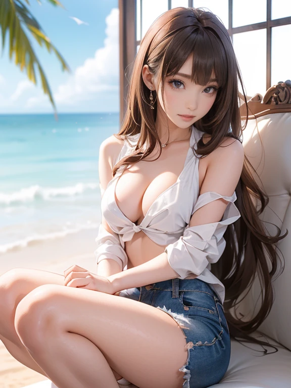 ((Extremely exposed))(High-definition image quality)極Realistic skin texture、High definition face(brown、Very long straight hair、Hair behind the ear、Beautiful moist brown hair、Smooth Hair)((Bright smile))、Gaze(sexyな25歳の女の子、Idol Makeup、Eyeliner)(Fair skin)(Sparkling eyes)Smooth Skin、Realistic skin texture ((Oversized T-shirt、Short length、Cleavage) ((Extremely short denim miniskirt、damage、Super tight、small、Ultra low rise))))Beautiful armpits、On the position of the chest、Round big breasts、Beautiful valley、Ultra-thin waist、Waistline、Long legs、Glitter High Heels((((Seaside cafe during the day、squat))))(((((Medium full shot from below、sexy))))))Erotic and bold poses、