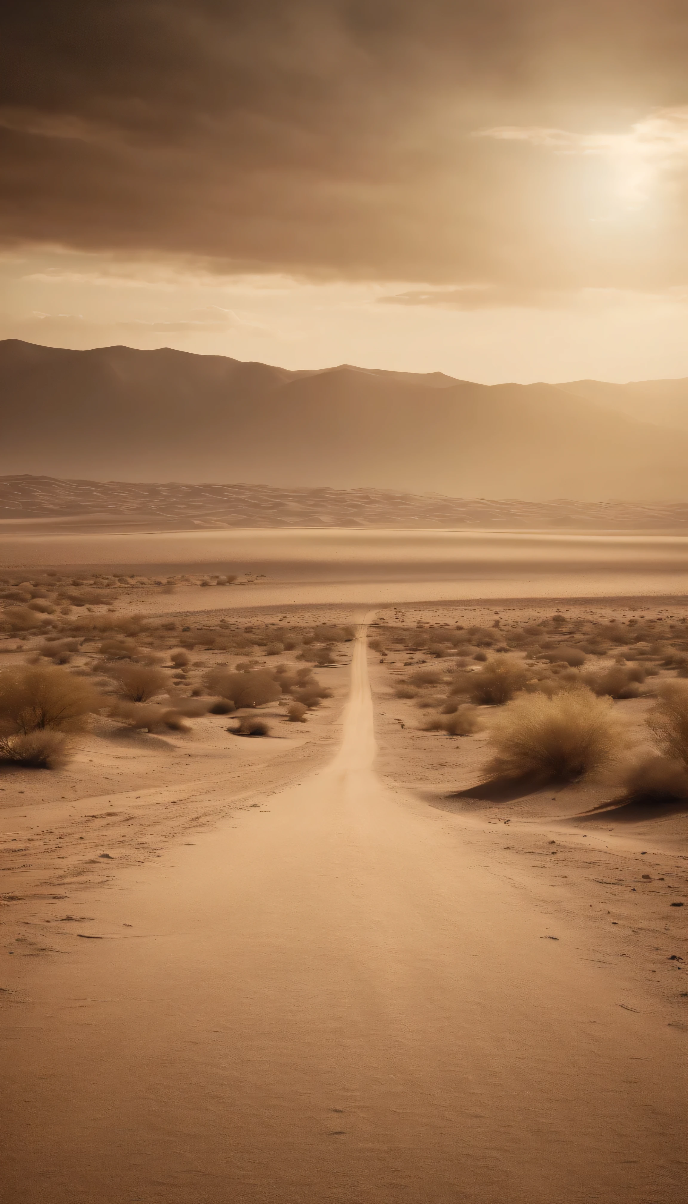 Desert landscape, post atomic 1950 style, fallout, low pont of view