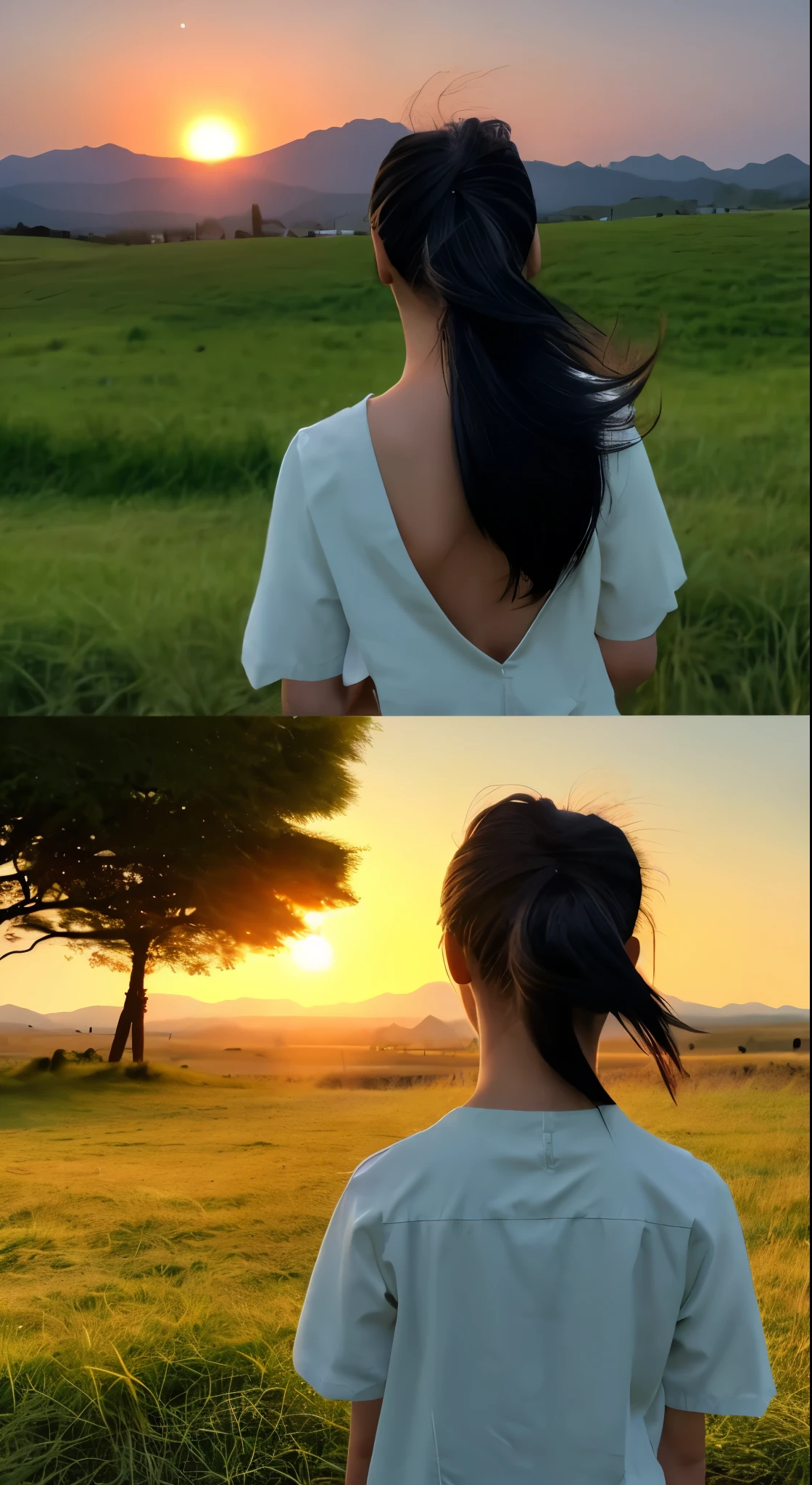 Hair in the air, Back view, Look at the sun, 空にはuniverse船がある, three suns, Black Hair Girl, 12-year-old girl, Standing in the grassland, landscape, universe, 8k, Super detailed