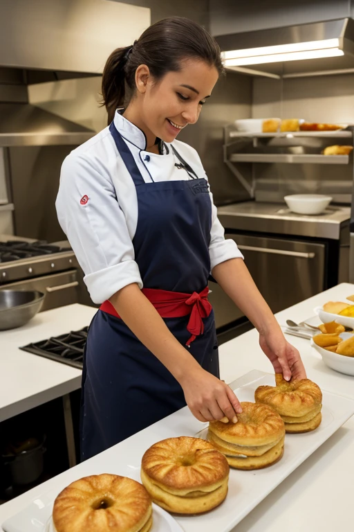 in the bustling kitchen of a Swiss hospitality school, a Chef de Partie with a Swiss complexion expertly guides culinary students. With a firm hand and a warm smile, They are mentors to the next generation of chefs, ensure that each dish meets the high standards of Swiss gastronomy. Deliciosos postres y pasteles sobre la mesa, invita a aprender panaderia.