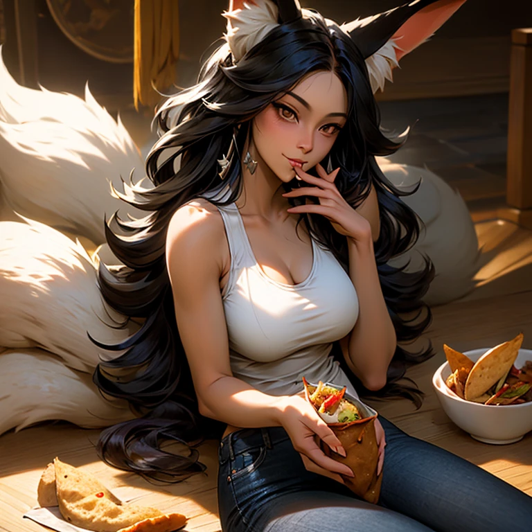 A woman with fox ears and a fox tail wearing a tank top and slim jeans eating a taco at a taco shop　The cola is on the table　Large Breasts　Big Ass　tall