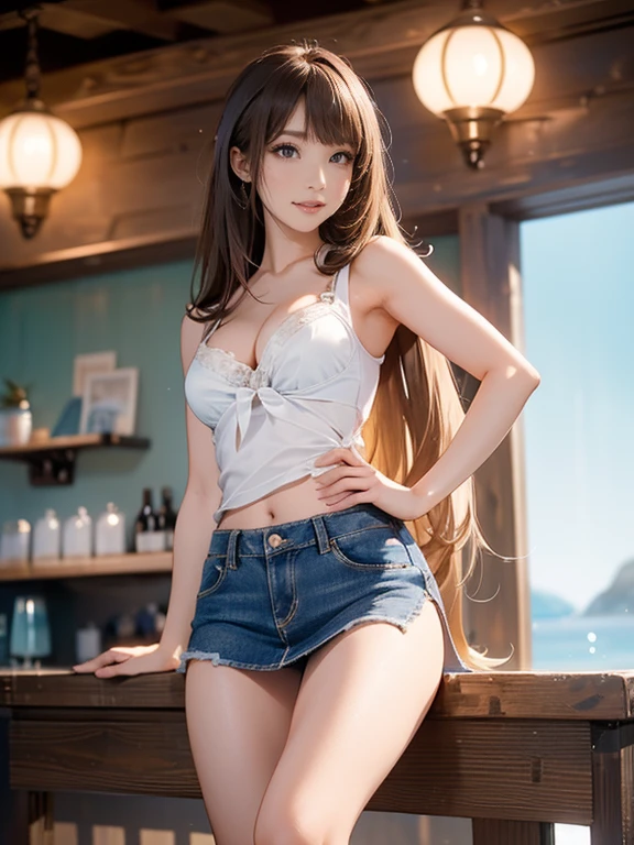 ((Extremely exposed))(High-definition image quality)極Realistic skin texture、High definition face(brown、Very long straight hair、Hair behind the ear、Beautiful moist brown hair、Smooth Hair)((Bright smile))、Gaze(sexyな25歳の女の子、Idol Makeup、Eyeliner)(Fair skin)(Sparkling eyes)Smooth Skin、Realistic skin texture ((Oversized T-shirt、Short length、Cleavage) ((Extremely short denim miniskirt、damage、Super tight、small、Ultra low rise))))Beautiful armpits、On the position of the chest、Round big breasts、Beautiful valley、Ultra-thin waist、Waistline、Long legs、Glitter High Heels((((Seaside cafe during the day))))(((((Medium full shot from below、sexy))))))Erotic and bold poses、