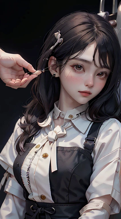 ((masterpiece, highest quality)), (One girl), (alone), (Focus on women), night (Chainsaw Man),(Highly detailed face, The real picture, Realistic white skin, Realistic body, Intricate details), Upper Body, Severe , Brown eyes, Looking at the audience, bandage over the body, Black Hair, Long sleeve shirt, Pinafore dress, Black tie, bandage, bandage, Small breasts