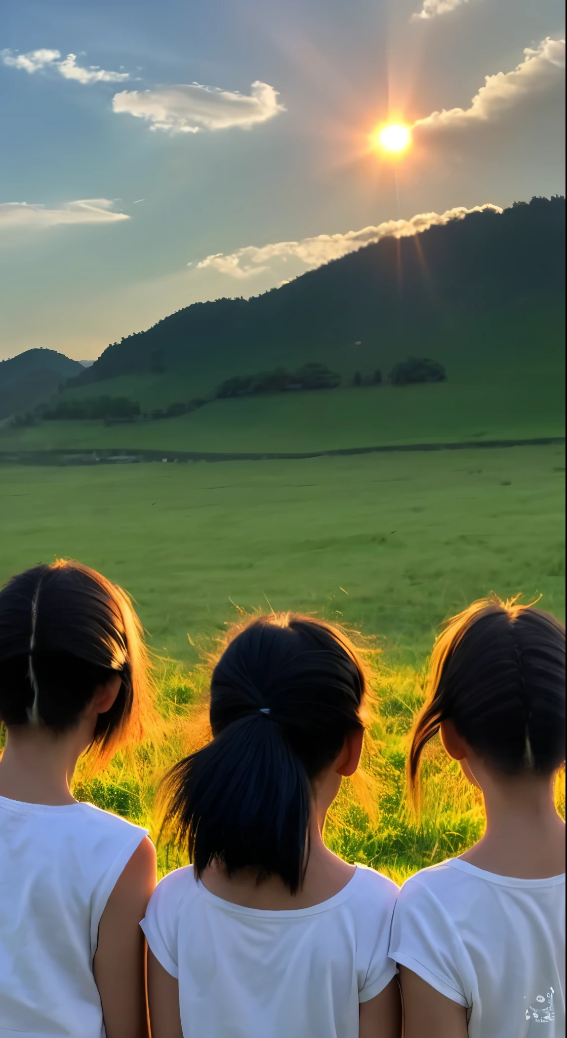Hair in the air, Back view, Look at the sun, 空にはuniverse船がある, three suns, Black Hair Girl, , Standing in the grassland, landscape, universe, 8k, Super detailed
