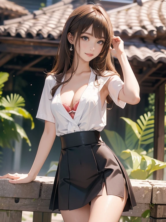 ((Extremely exposed))(High-definition image quality)極Realistic skin texture、High definition face(brown、Very long straight hair、Hair behind the ear、Beautiful moist brown hair、Smooth Hair)((Bright smile))、Gaze(sexyな25歳の女の子、Idol Makeup、Eyeliner)(Fair skin)(Sparkling eyes)Smooth Skin、Realistic skin texture ((Oversized T-shirt、Short length、Cleavage) ((very short miniskirt、damage、Super tight、small、Ultra low rise))))Beautiful armpits、On the position of the chest、Round big breasts、Beautiful valley、Ultra-thin waist、Waistline、Long legs、Glitter High Heels((((Seaside cafe during the day))))(((((Medium full shot from below、sexy))))))Erotic and bold poses、