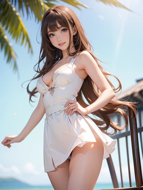 ((Extremely exposed))(High-definition image quality)極Realistic skin texture、High definition face(brown、Very long straight hair、Hair behind the ear、Beautiful moist brown hair、Smooth Hair)((Bright smile))、Gaze(sexyな25歳の女の子、Idol Makeup、Eyeliner)(Fair skin)(Sparkling eyes)Smooth Skin、Realistic skin texture ((Oversized T-shirt、Short length、Cleavage) ((very short miniskirt、damage、Super tight、small、Ultra low rise))))Beautiful armpits、On the position of the chest、Round big breasts、Beautiful valley、Ultra-thin waist、Waistline、Long legs、Glitter High Heels((((Seaside cafe during the day))))(((((Medium full shot from below、sexy))))))Erotic and bold poses、