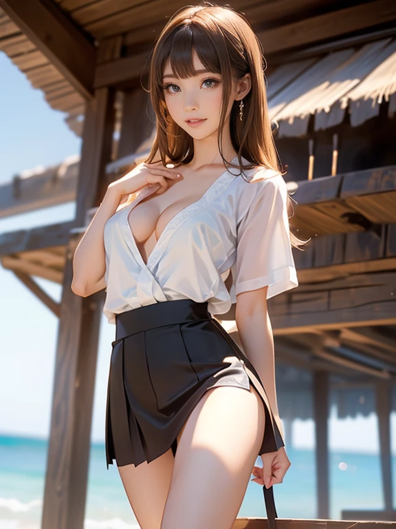 ((Extremely exposed))(High-definition image quality)極Realistic skin texture、High definition face(brown、Very long straight hair、Hair behind the ear、Beautiful moist brown hair、Smooth Hair)((Bright smile))、Gaze(sexyな25歳の女の子、Idol Makeup、Eyeliner)(Fair skin)(Sparkling eyes)Smooth Skin、Realistic skin texture ((Oversized T-shirt、Short length、Cleavage) ((very short miniskirt、damage、Super tight、small、Ultra low rise))))Beautiful armpits、On the position of the chest、Round big breasts、Beautiful valley、Ultra-thin waist、Waistline、Long legs、Glitter High Heels((((Seaside cafe during the day))))(((((Medium full shot from below、sexy))))))Erotic and bold poses、