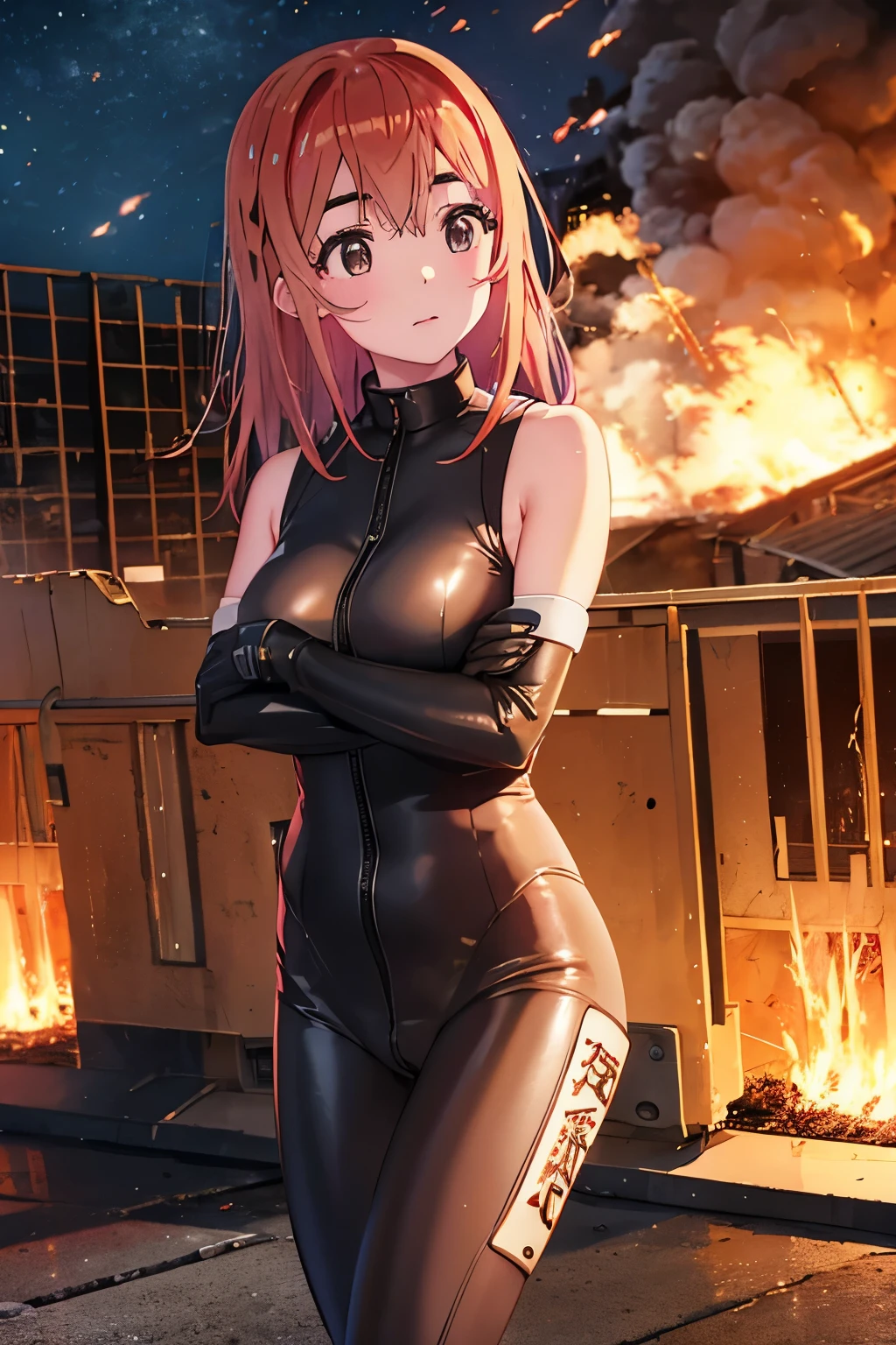 Sumi Sakurasawa、holding hundgun、at night、fence、1 girl、Black bodysuit、Infiltrate a military base、Tank Hangar、Military base exploding in flames、The building is on fire