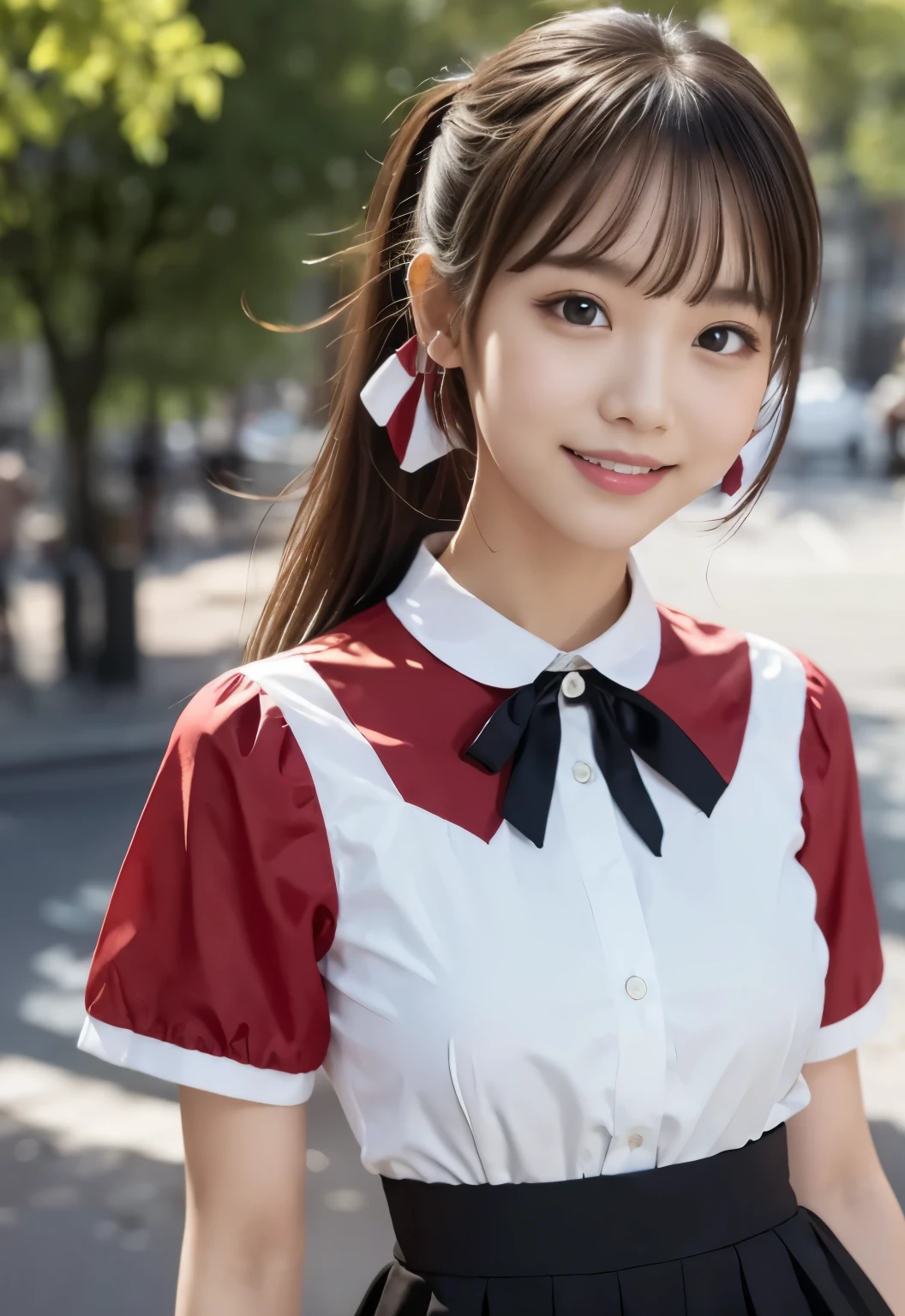 (masterpiece, best quality:1.1), (8k, raw photo, photo realistic:1.2, f22), (shiny skin), detailed skin,ponytail,ribbon,detailed face, detailed eyes,smile,BREAK, real world, intricate details, smil, BREAK, 1girl, full body,(short sleeves,red,stripe pattern,blouse,skirt)BREAK, (stage:1.4)