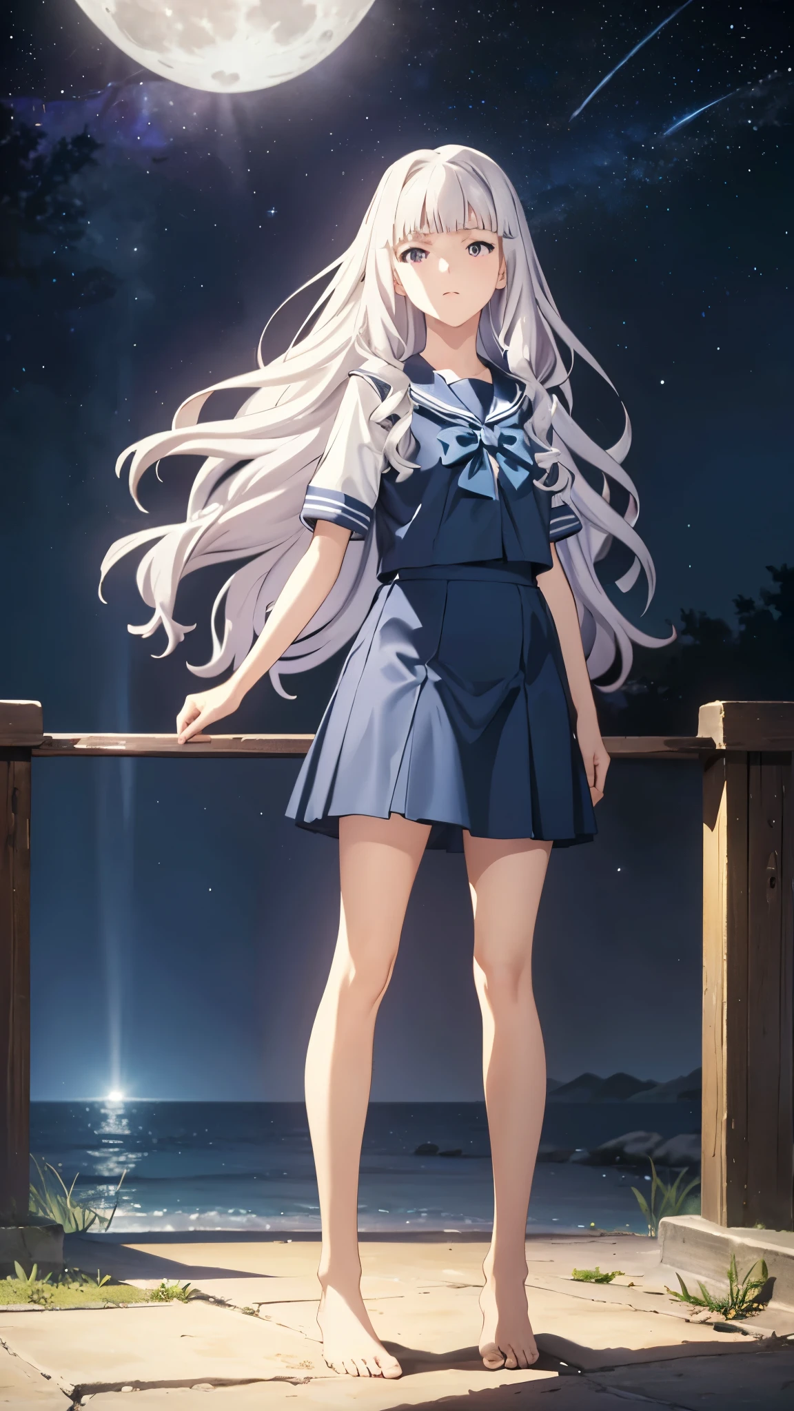 CG, unity, 8k, wallpaper, highest quality, masterpiece, best lighting, detailed background, (Spectacular starry sky with the Milky Way visible), nebula, night, In the beach, complex pupils, complex textile, realistic skin texture, 1 beautiful woman, takane shijou, long white hair, white skin, Rear view looking up at the sky, (There is a moon at the back: 1.3), the moon is one, white sailor suit, (blue collar, blue skirt: 1.3), short sleeve, (barefoot), (draw the whole body), low angle, A picture that looks like a movie advertisement