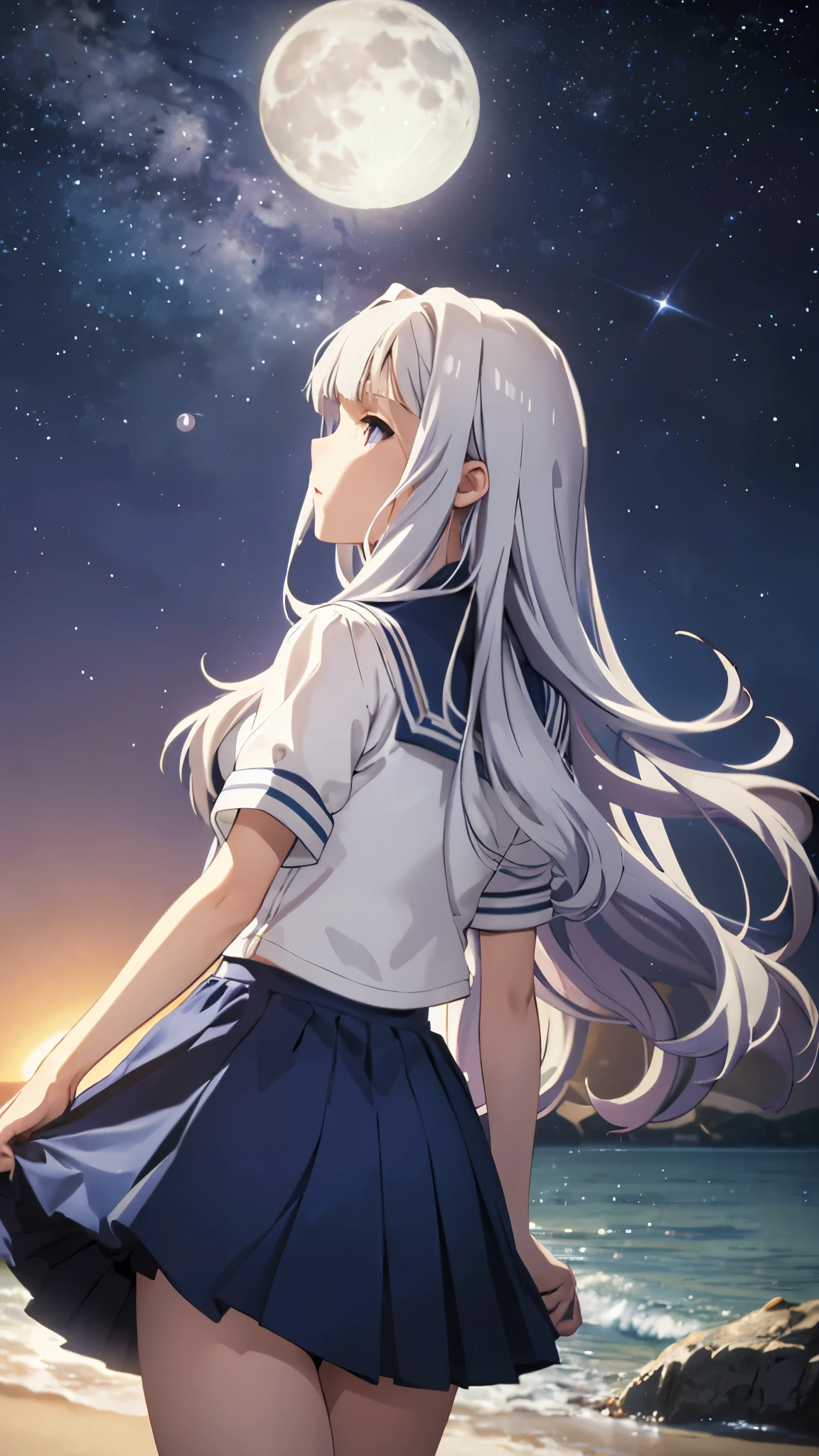 CG, unity, 8k, wallpaper, highest quality, masterpiece, best lighting, detailed background, (Spectacular starry sky with the Milky Way visible), nebula, night, In the beach, complex pupils, complex textile, realistic skin texture, 1 beautiful woman, takane shijou, long white hair, white skin, Rear view looking up at the sky, (There is a moon at the back: 1.3), the moon is one, white sailor suit, (blue collar, blue skirt: 1.3), short sleeve, (barefoot), (draw the whole body), low angle, A picture that looks like a movie advertisement