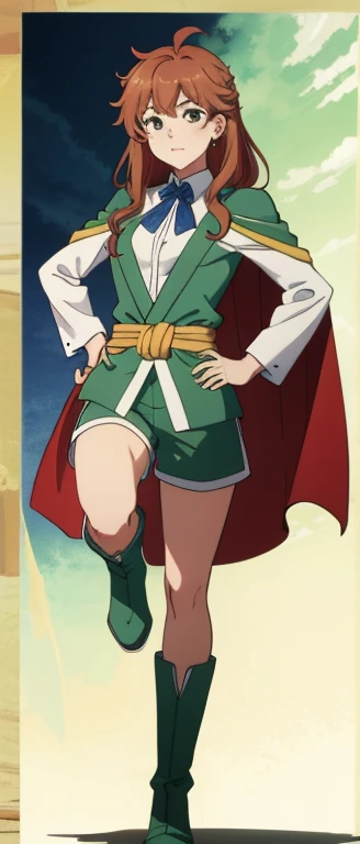 highest quality, Tabletop, 超A high resolution, Ryu Lion, Green shorts, Green Boots, White shirt, Green Cape, standing on one leg