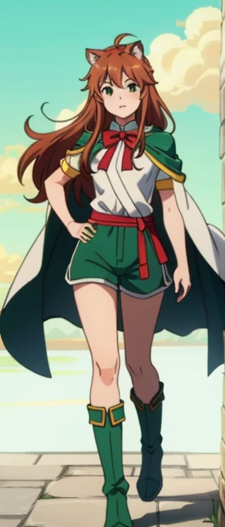 highest quality, Tabletop, 超A high resolution, Ryu Lion, Green shorts, Green Boots, White shirt, Green Cape,	standing on one leg