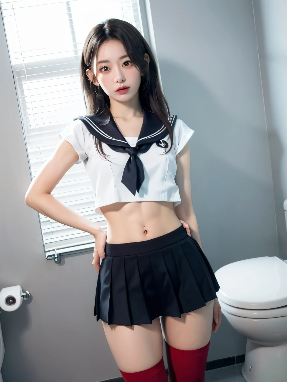 arafed asian woman in a maid outfit posing on a bed, With black braids, JK uniform, interesting costumes, real life anime girls, maid outfit, White and black, Japanese school girl uniform, Sailor suit, she has black hair，Have bangs, wearing black uniform, girl wearing, Wearing school uniform, Wearing school uniform