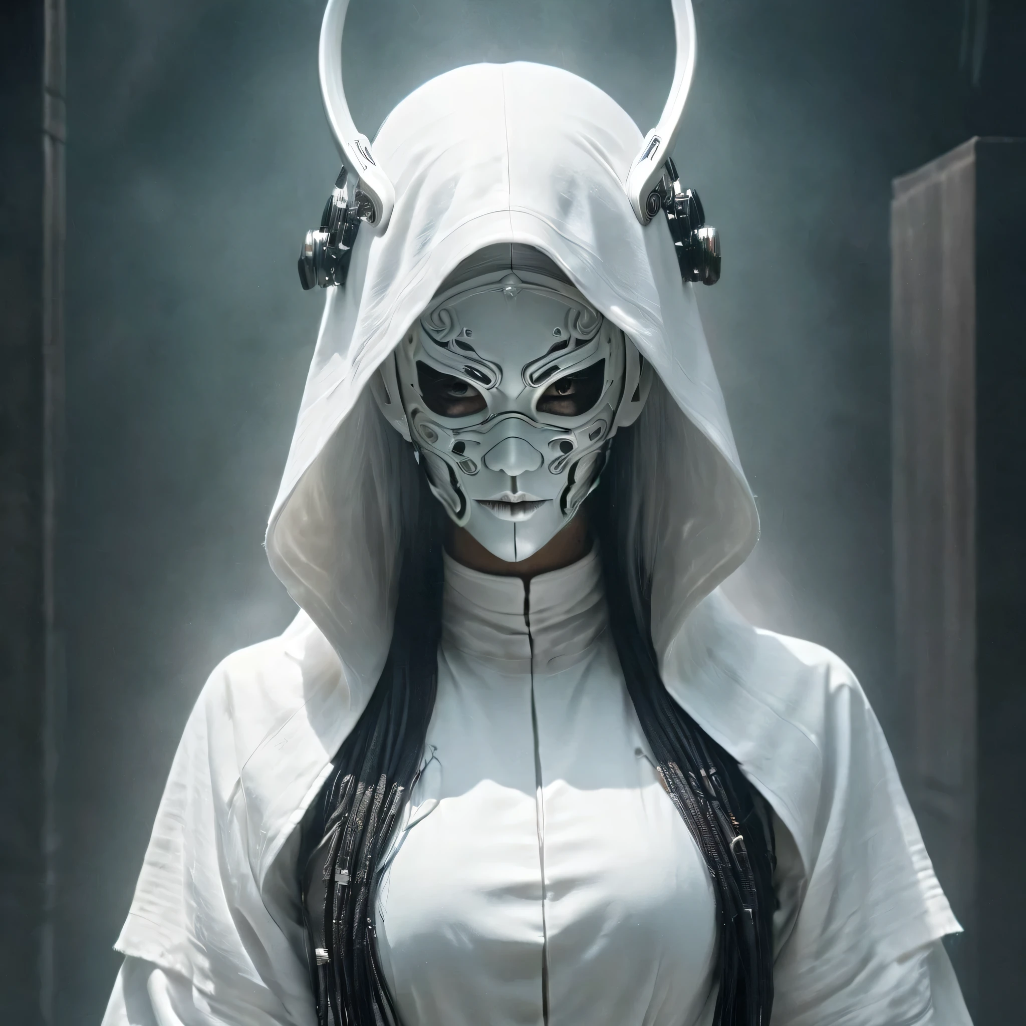 Arafed image of a person wearing white clothing and a mask, Very beautiful cyberpunk samurai, gothic - cyberpunk, Orthodox cyberpunk, Rococo Cyberpunk, ornamental gothic - cyberpunk, Gorgeous cosplay, occult cyberpunk, Mysterious Post-Apocalyptic Cyborg, Steampunk Angel, Ultra-detailed fantasy characters, Steampunk aesthetics, Steampunk fantasy style, japanese gothic, Hypergoth, Beautiful female Grim Reaper