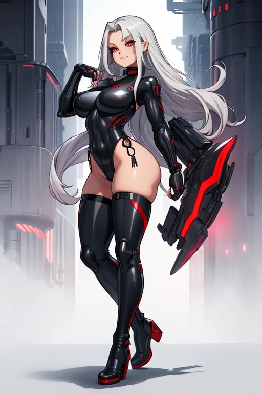 female, silver long hair with black highlights, red eyes, (((1girl))), (((red bodysuit))), (black cybernetic gauntlets), (black cybernetic boots), (redsarong skirt), (black belt), (black choker with ruby), cute and sexy, full body, huge breasts, large butt, long legs, smiling
