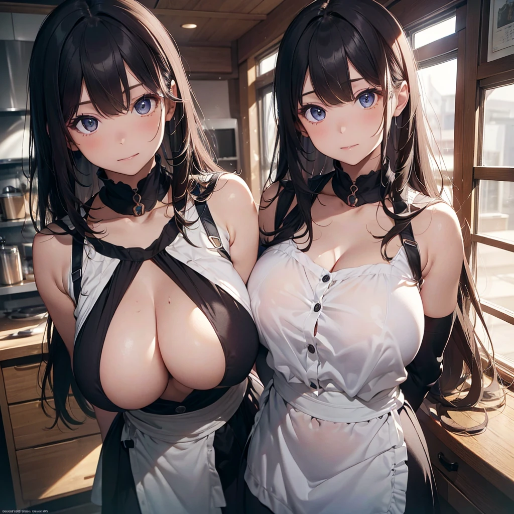 ((ultra-quality)), (in 8K), 2women(different hair style), (different eye color), ultla highres, Hyper Detailed, High contrast, Ultrafine Strike, creative refinement, absurdres, Realistic, extremely detailed CG unified 8k wallpaper, Highly detailed, High-definition raw color photos, professional photograpy, Realistic portrait, Cinematic Light, Beautiful detailed, 27 years old woman, ((Best quality, 8k, Masterpiece: 1.3)), Slim abdomen, ((Layered haircut, Large breasts: 1.2)), (no bra), (Sheer nipples:1.1), (Sheer areola:1.1), (breasts are covered with backless apron:1.2), (smooth stomach), , Highly detailed face and skin texture, (realistic skin:1.5), (shiny skin), (oily skin), (Best Quality:1.4), Super Detail, High quality, master piece, lifelike, Perfect face, Silly, (arms behind back:1.5), (Sharp Focus), (upper body), (close up), Delicate Beautiful Hair and Eyes and Face, Delicate eyes, radiant eyes, Lifelike, Hyper-detailing, (colossal breasts:1.6), (Big breasts:1.5), (Beautiful breasts:1.3), (arms behind back), (arms are down), Beautiful cute woman, camel-toe details, SFW, slim body, in the kitchen